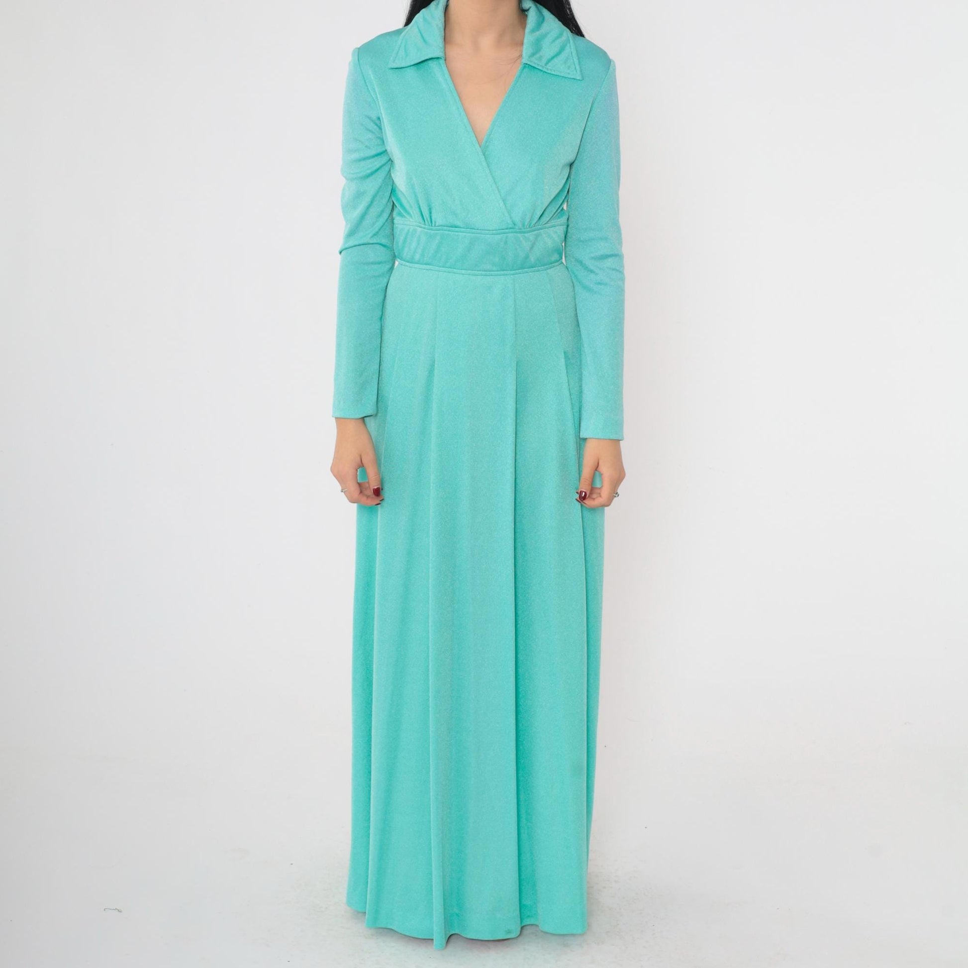 70s Turquoise Maxi Dress Plunge V-Neck Long Sleeve Belted Waist Small