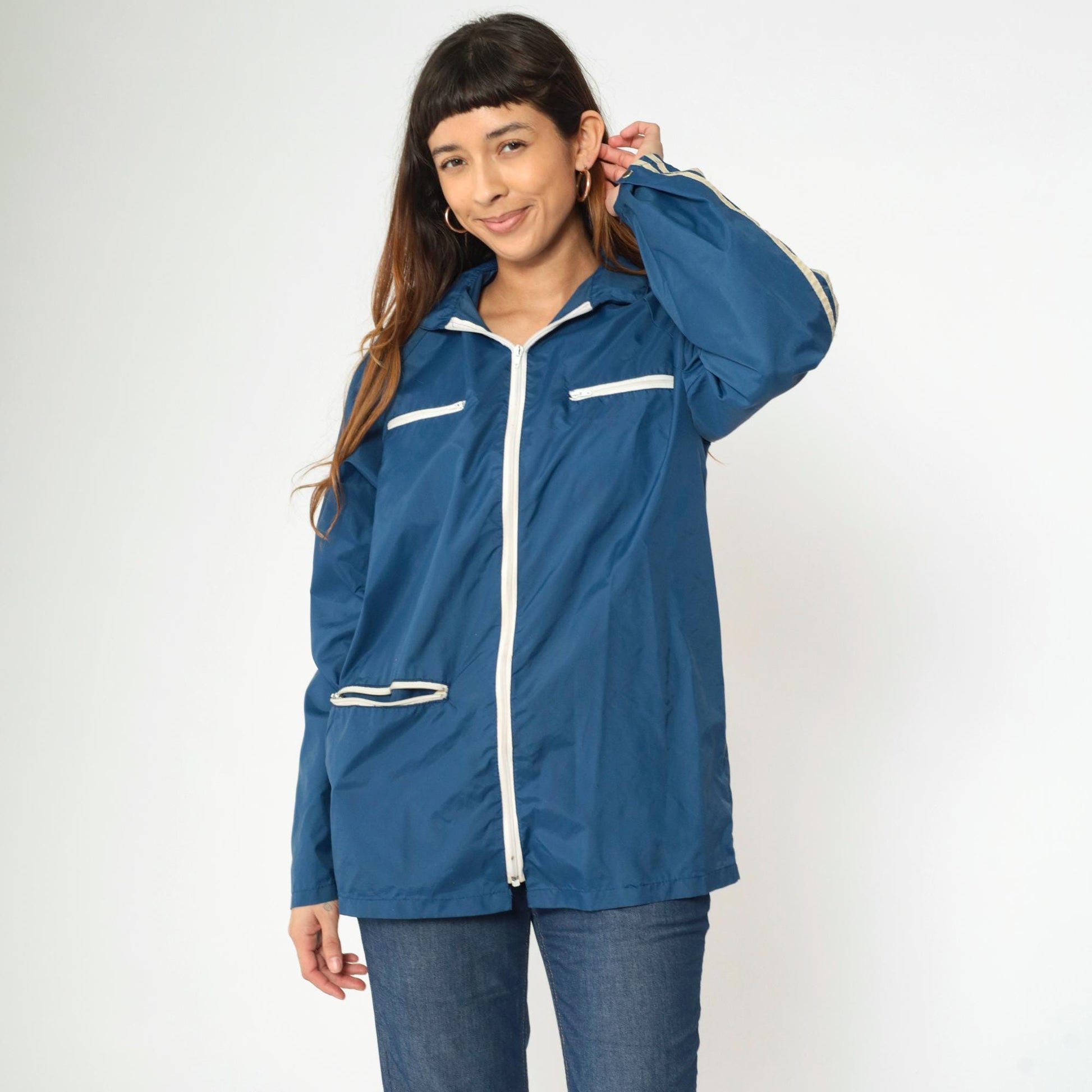 70s Windbreaker Jacket Dark Blue White Striped Raglan Zip Unisex Medium Large