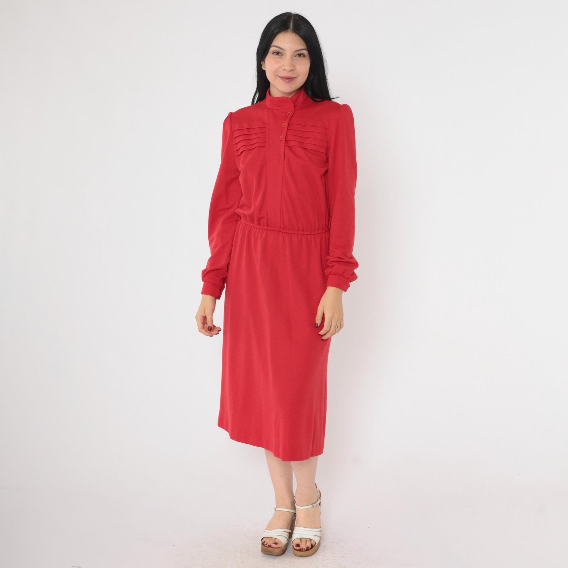 80s Red Button-Up Midi Dress High Neck Puff Sleeve Pleated Small