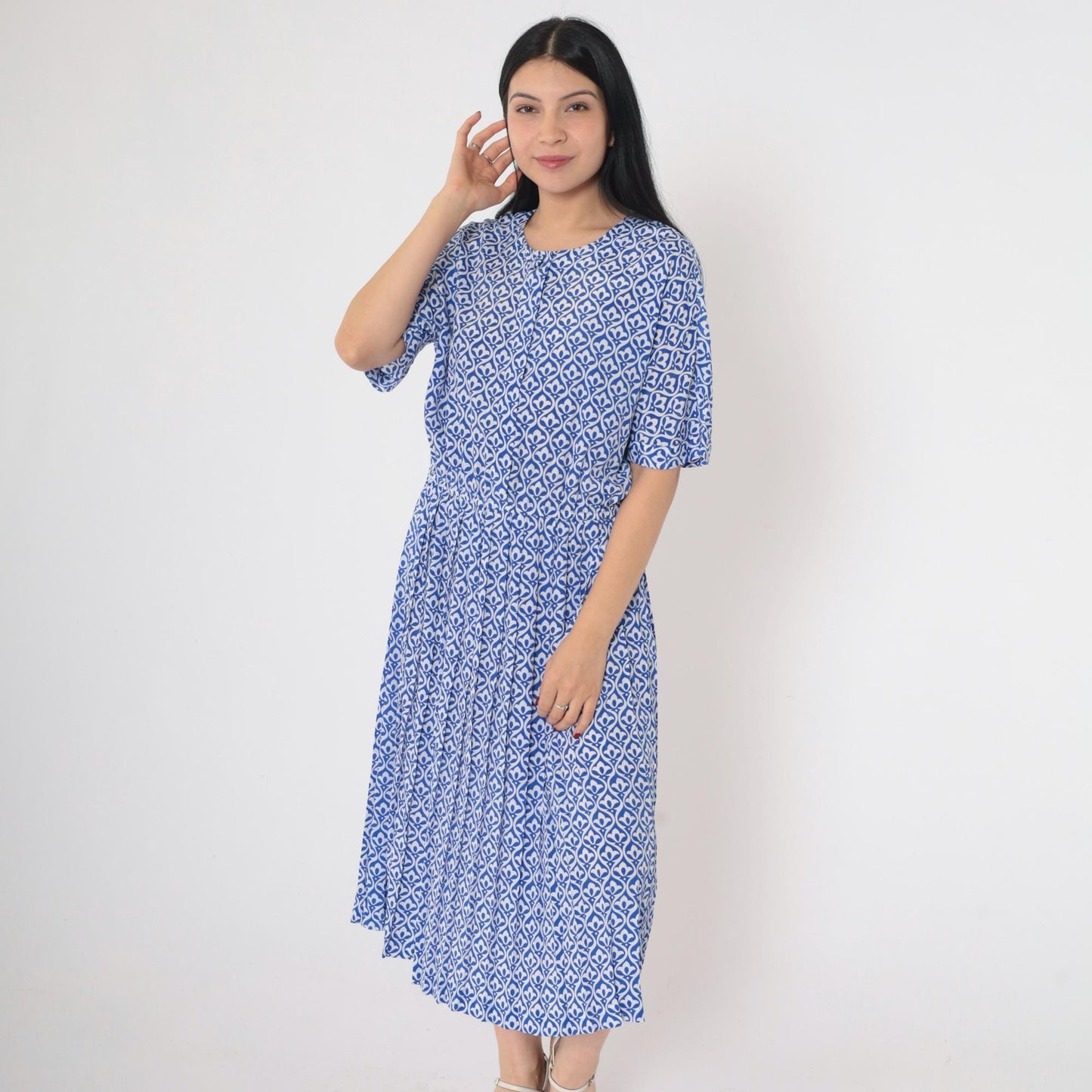 90s Talbots Petites Button-Up Shirtdress Blue Geometric Pleated Midi Small