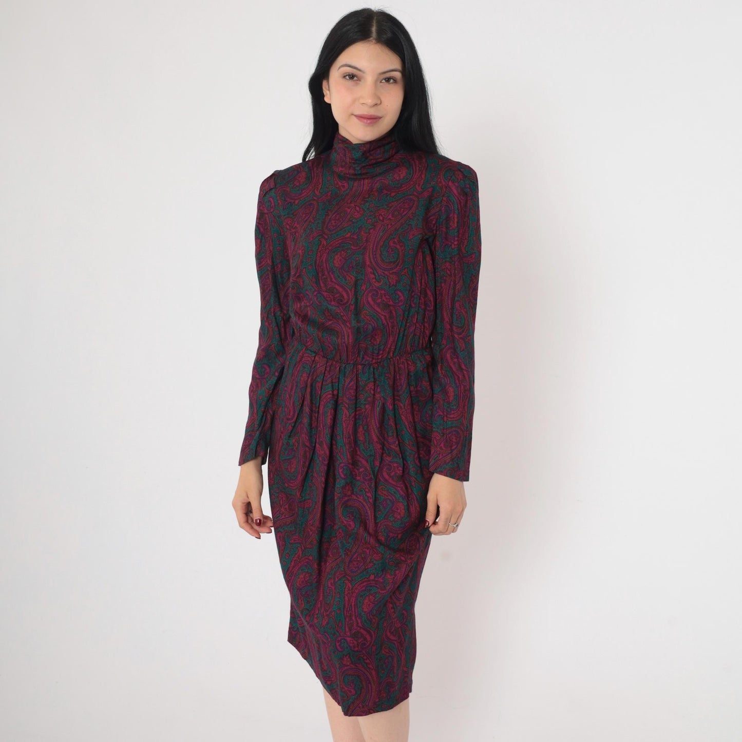 80s Paisley Midi Dress Mock Neck Puff Sleeve Pleated High Waist Small 6