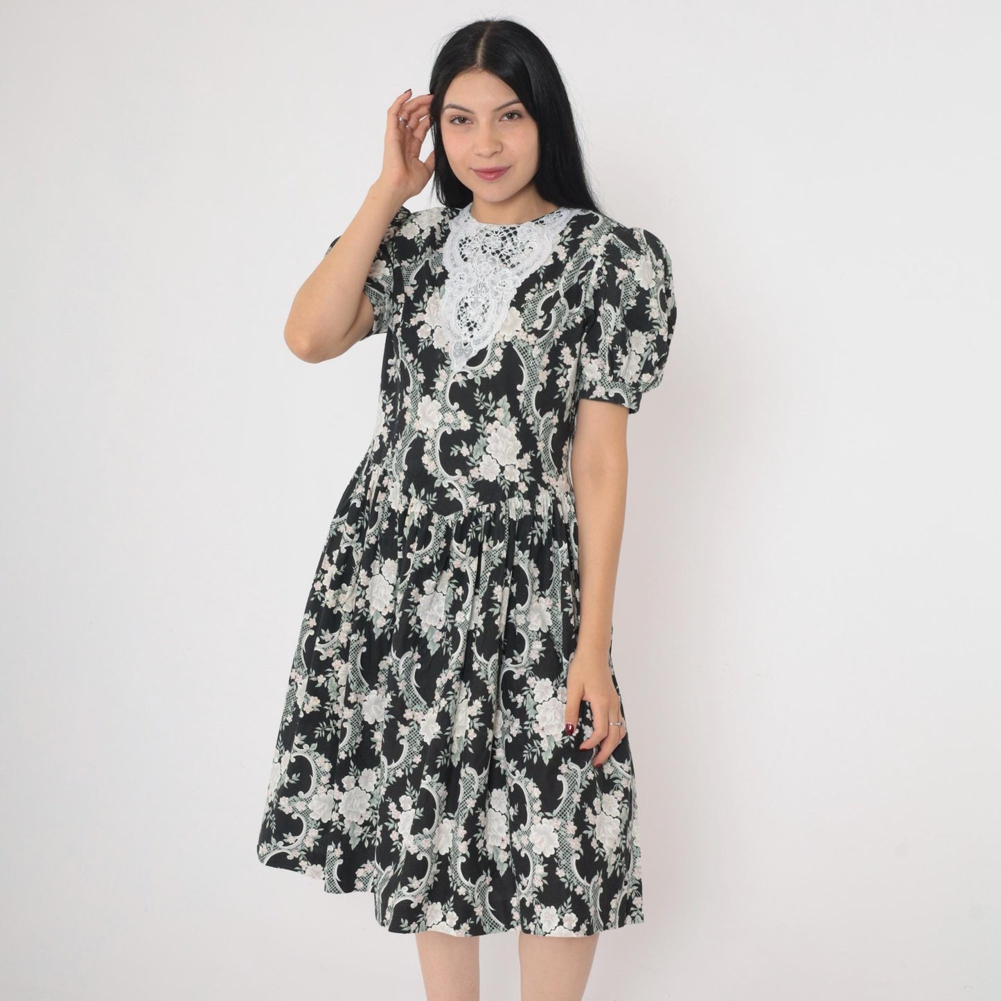 80s Gunne Sax Floral Lace Midi Dress Black White Puff Sleeve Basque Waist XS