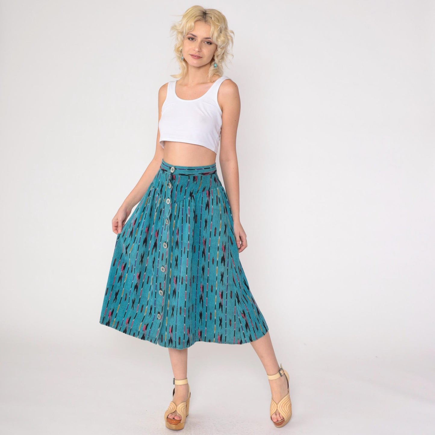 90s Teal Ikat Midi Skirt Button Front High Waist Southwestern Extra Small