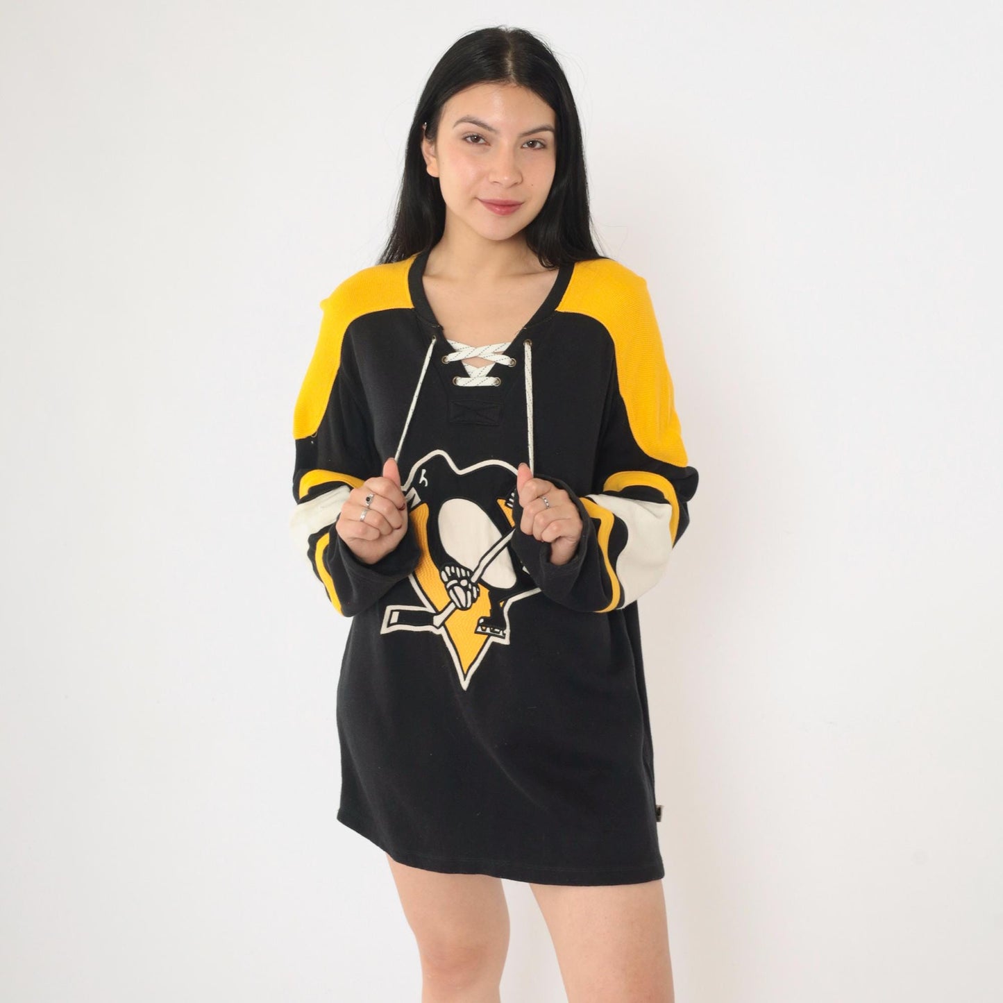 CCM Pittsburgh Penguins Hockey Jersey Black Yellow Lace-Up Medium