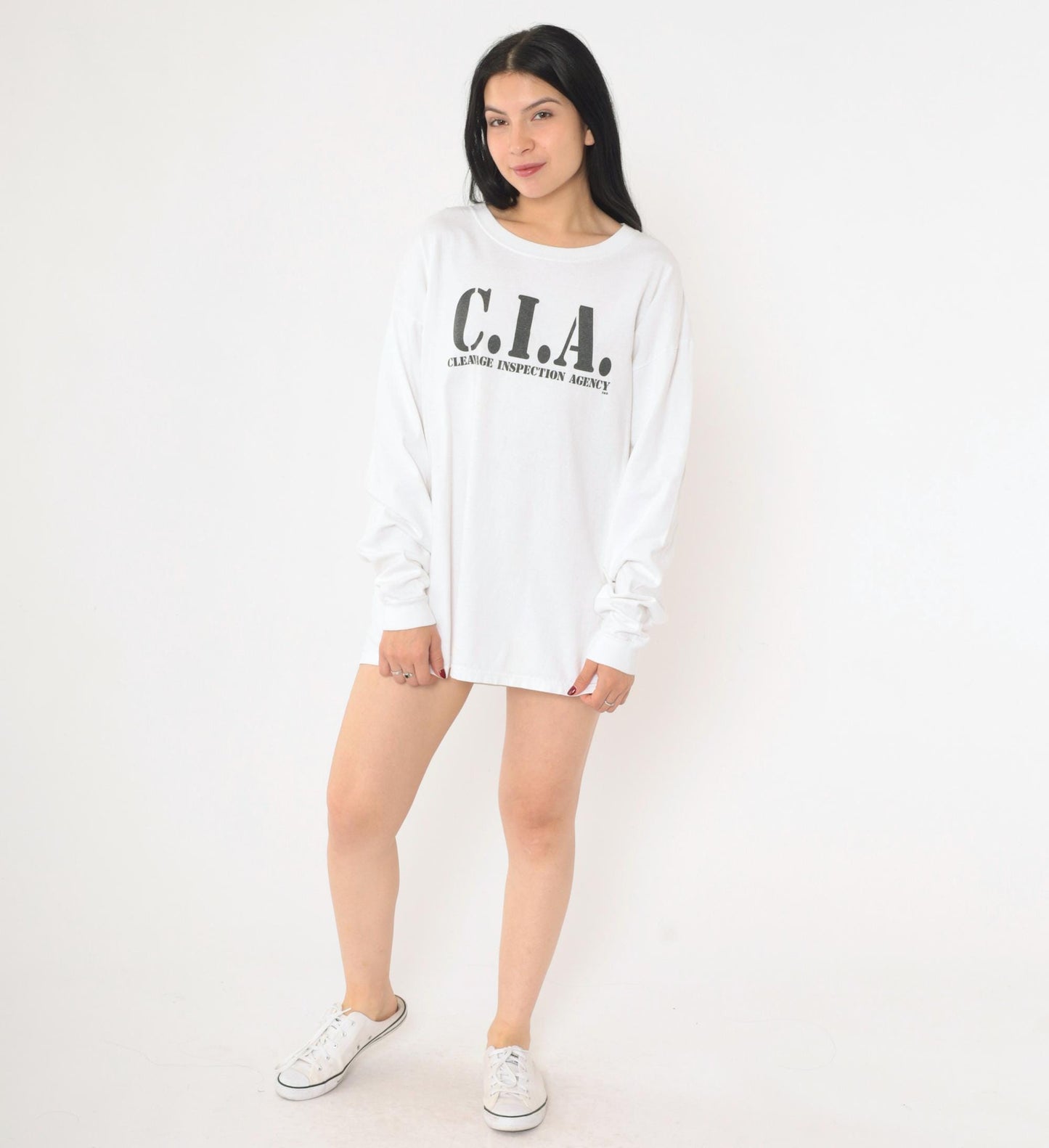 00s Steve & Barry's C.I.A. Cleavage Inspection Agency Long Sleeve Tee White Extra Large XL