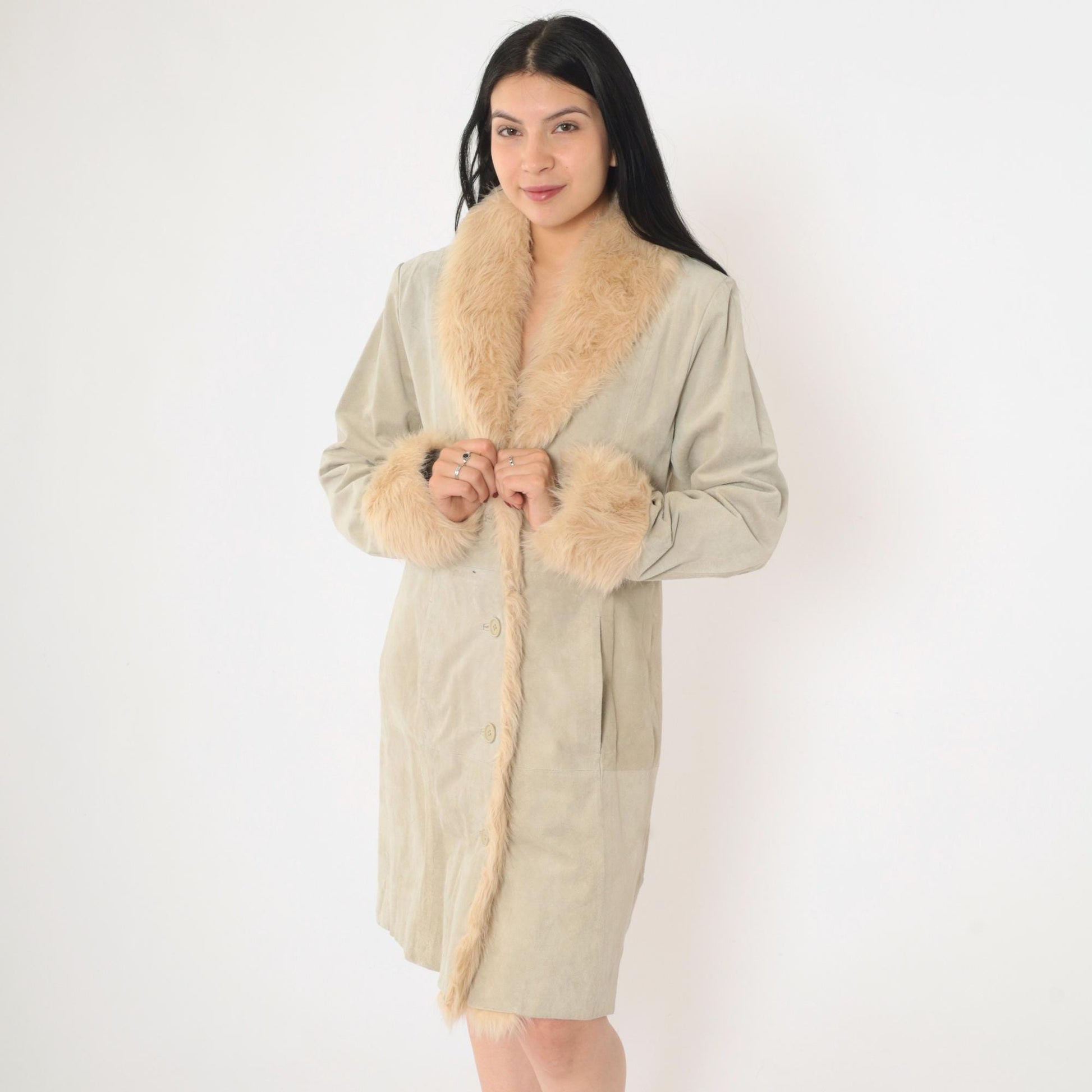 Y2K Grey Suede Jacket Faux Fur Trim Button Up Wilsons Medium