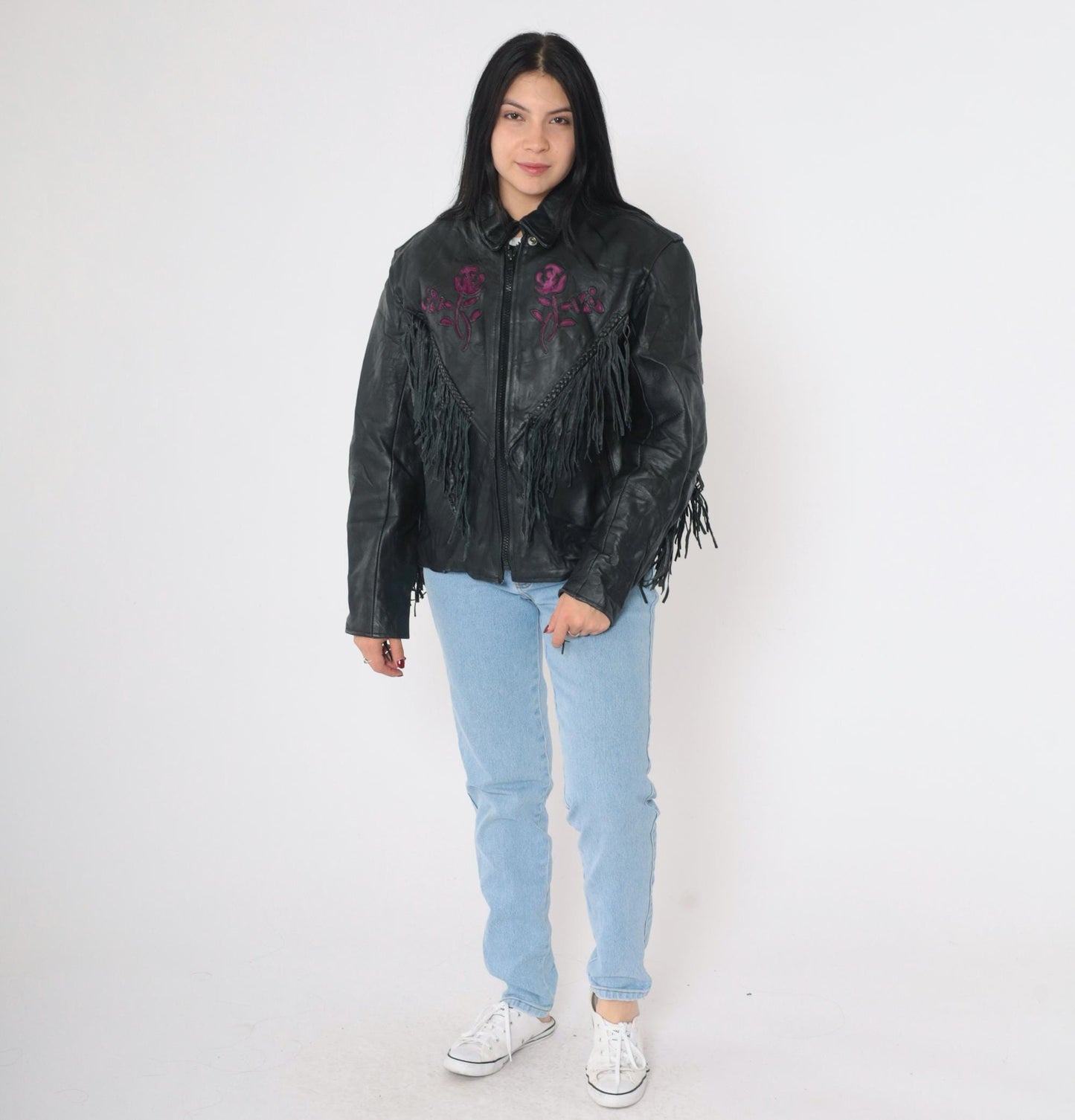 90s Black Leather Fringe Jacket Purple Suede Roses Western Biker Large L