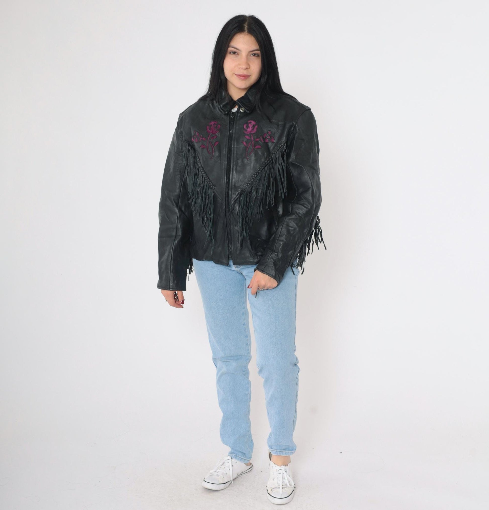 90s Black Leather Fringe Jacket Purple Suede Roses Western Biker Large L