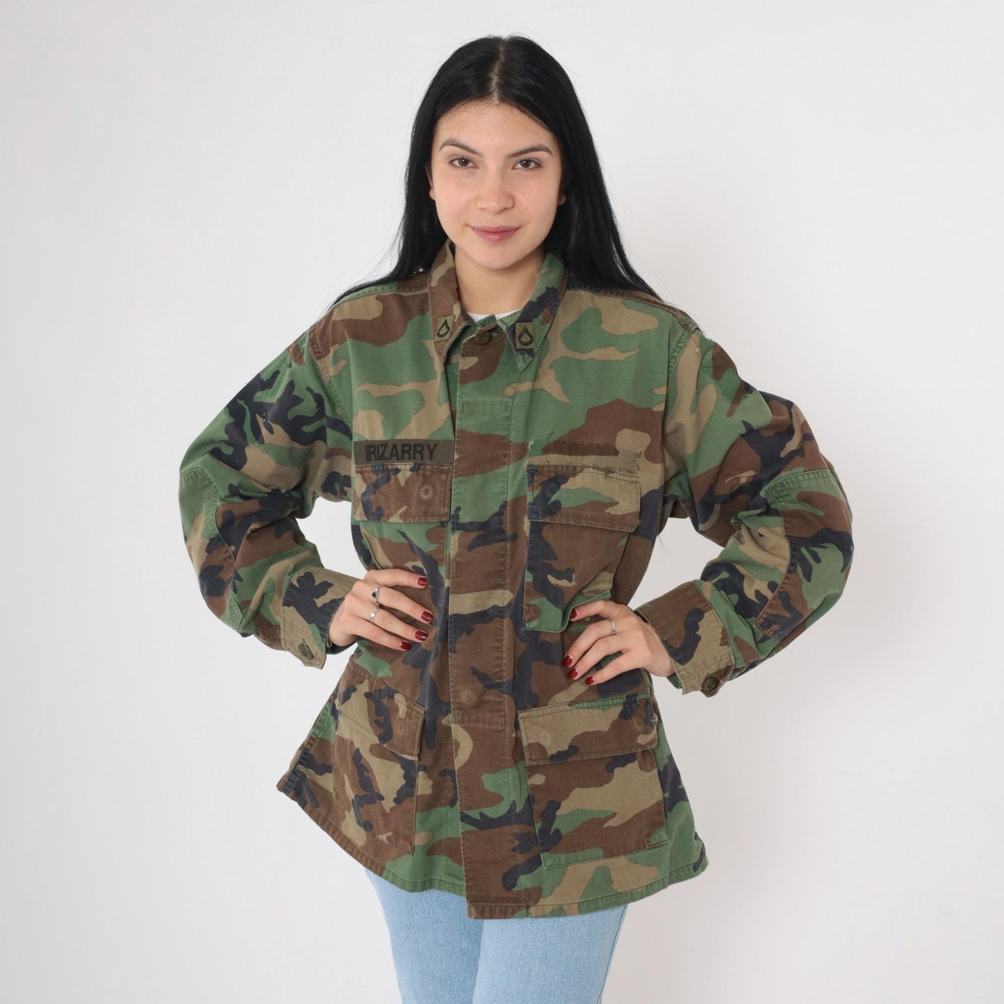 90s U.S. Army Woodland Camo Field Jacket Airborne Patches Medium Short