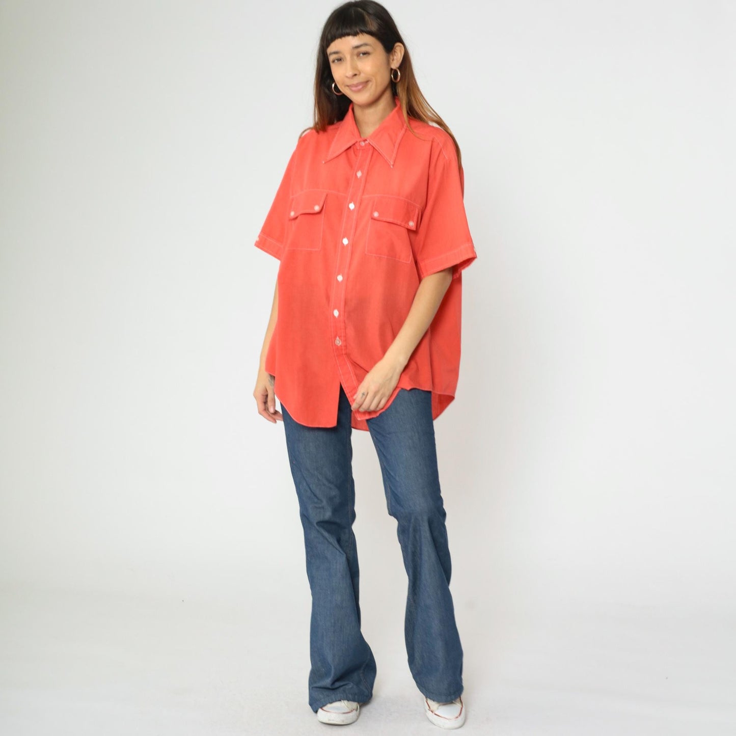 70s Marlboro Western Shirt Orange Button Down Dagger Collar Large
