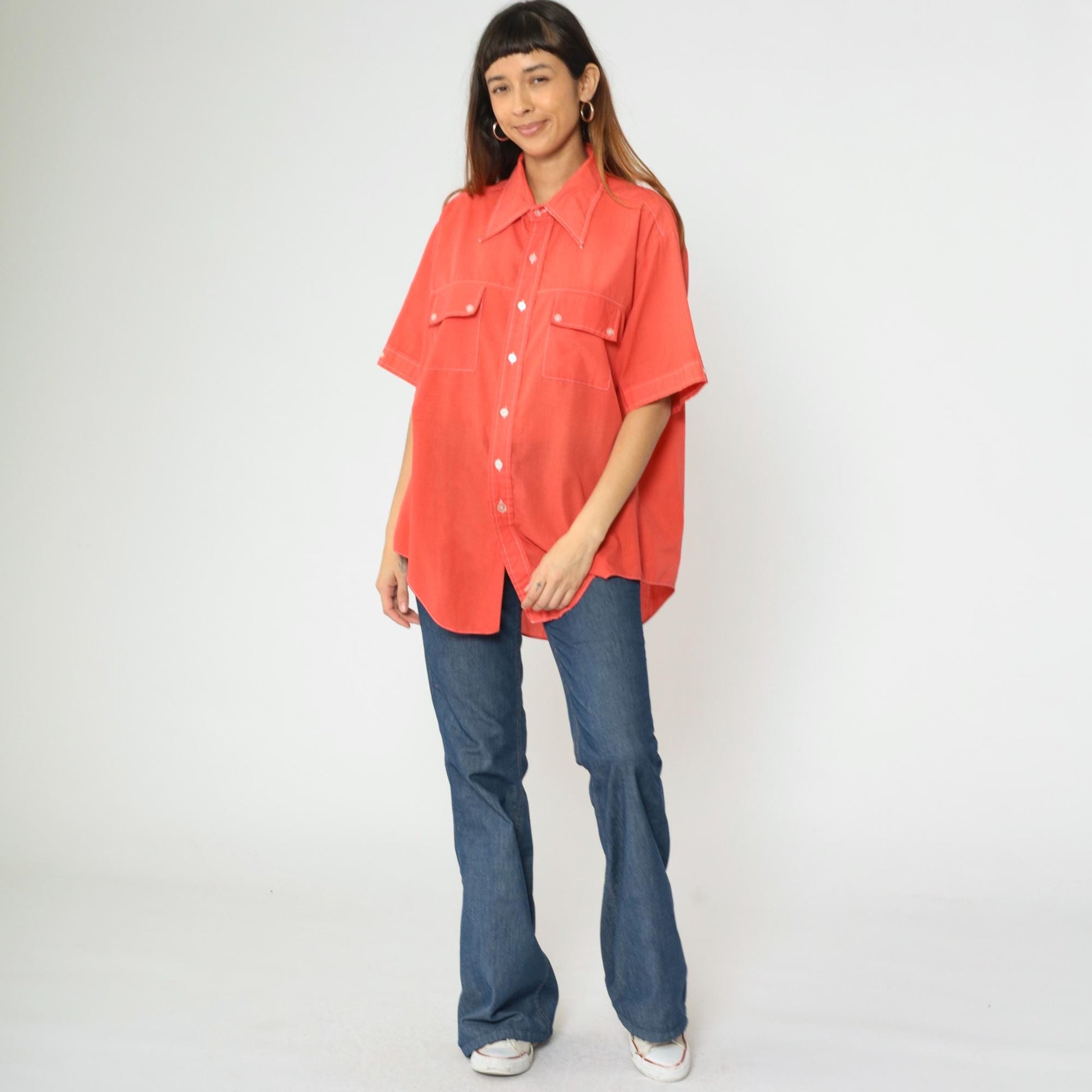 70s Marlboro Western Shirt Orange Button Down Dagger Collar Large