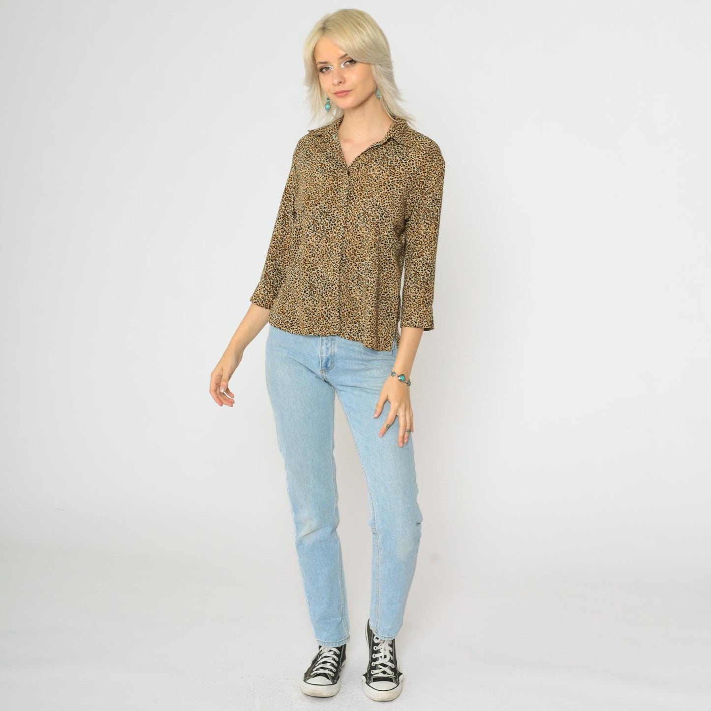 90s Leopard Print Button Up Blouse 3/4 Sleeve Shirt Small Medium