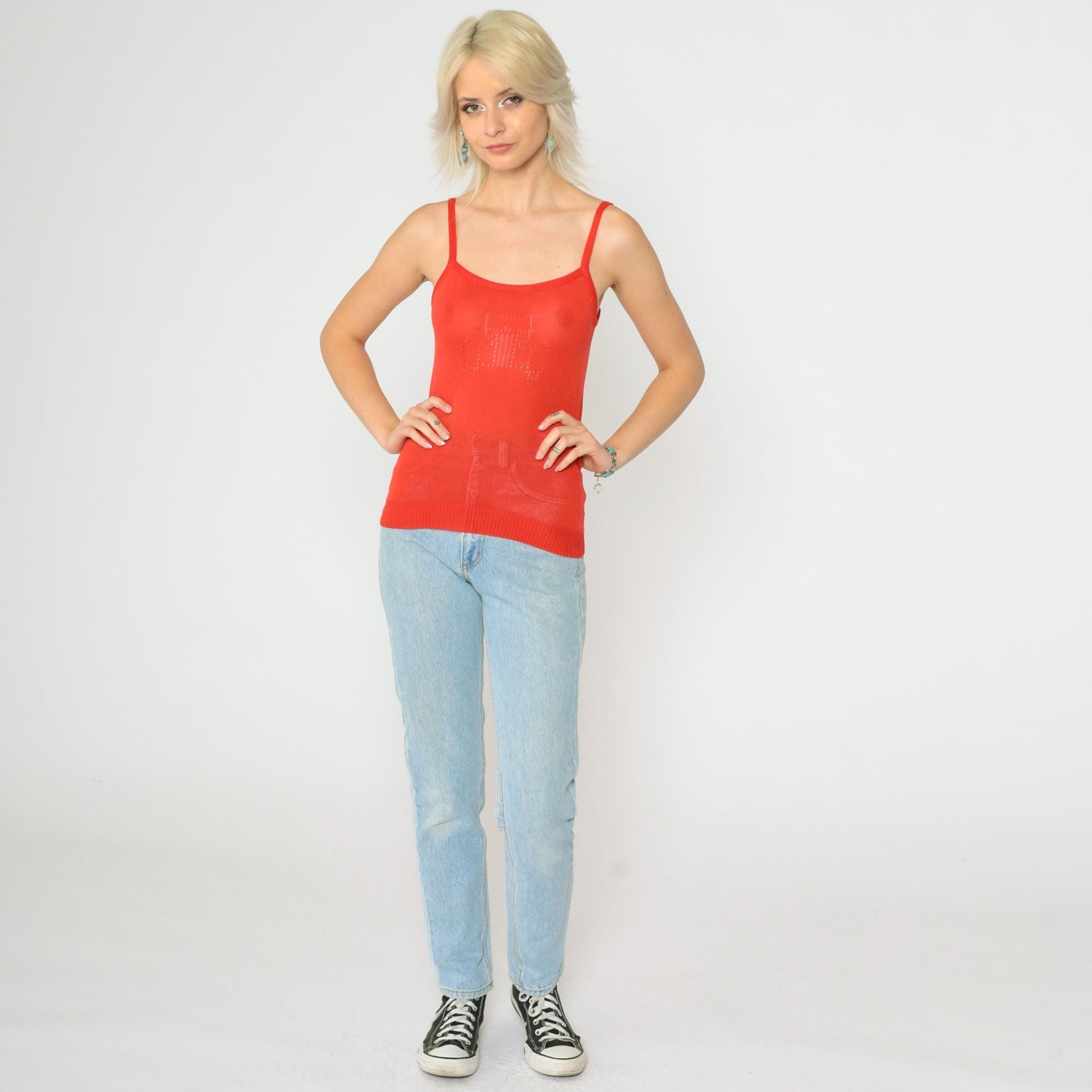 Y2K Red Knit Tank Top Antique Car Cutout Spaghetti Straps Extra Small