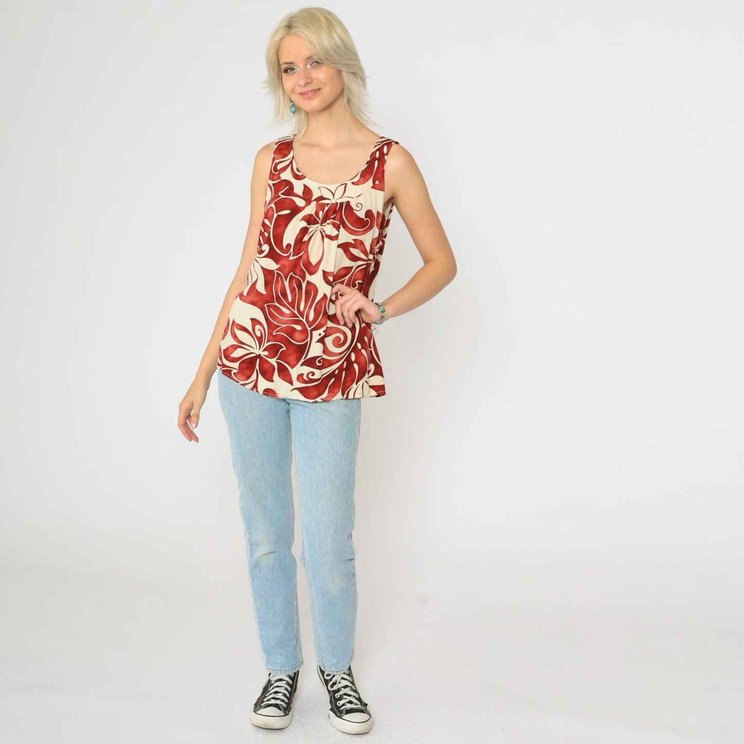 90s Pumehana Tropical Floral Tank Top Cream Red Hawaiian Sleeveless Medium