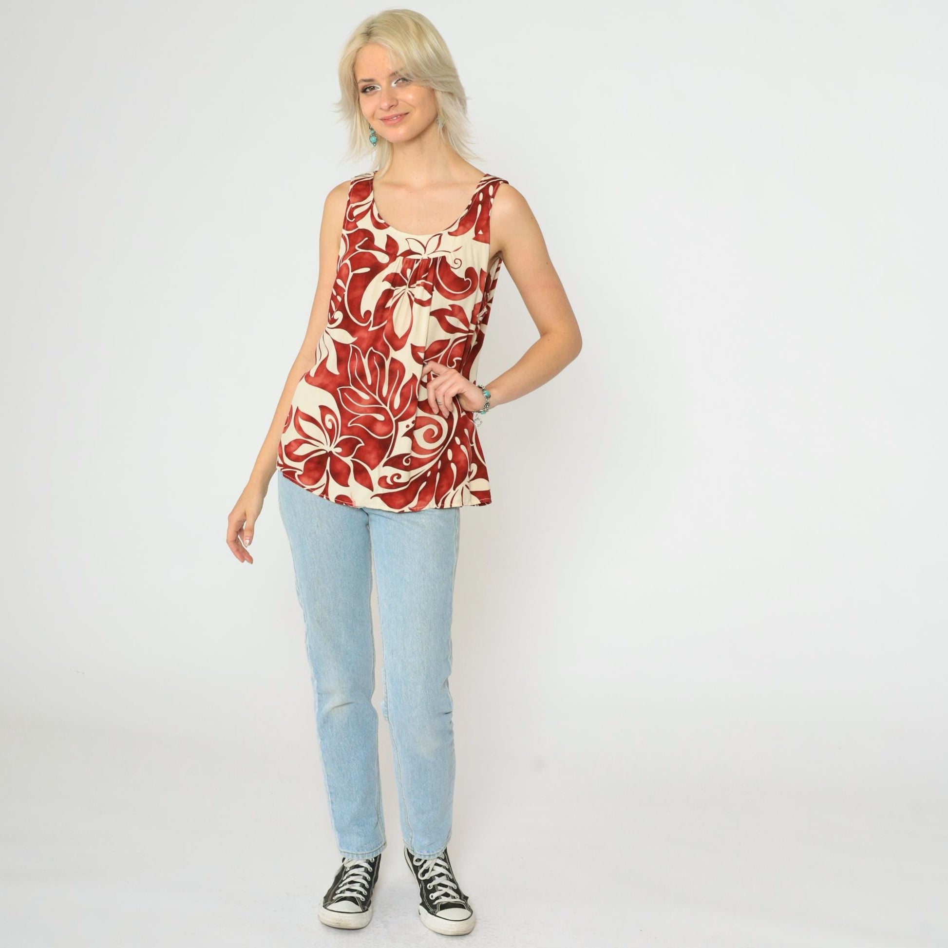 90s Pumehana Tropical Floral Tank Top Cream Red Hawaiian Sleeveless Medium