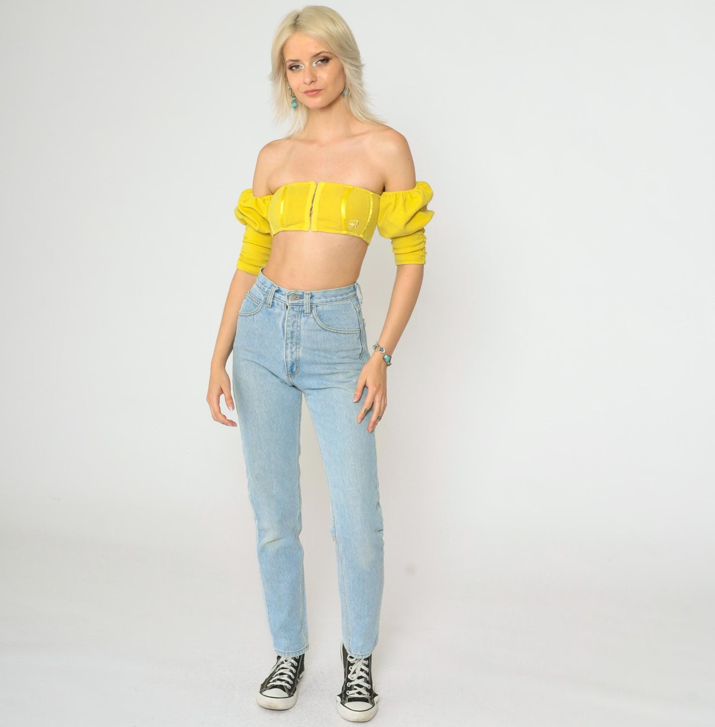 Y2K Yellow Off-Shoulder Crop Top Puff Sleeve Hook Front Extra Small