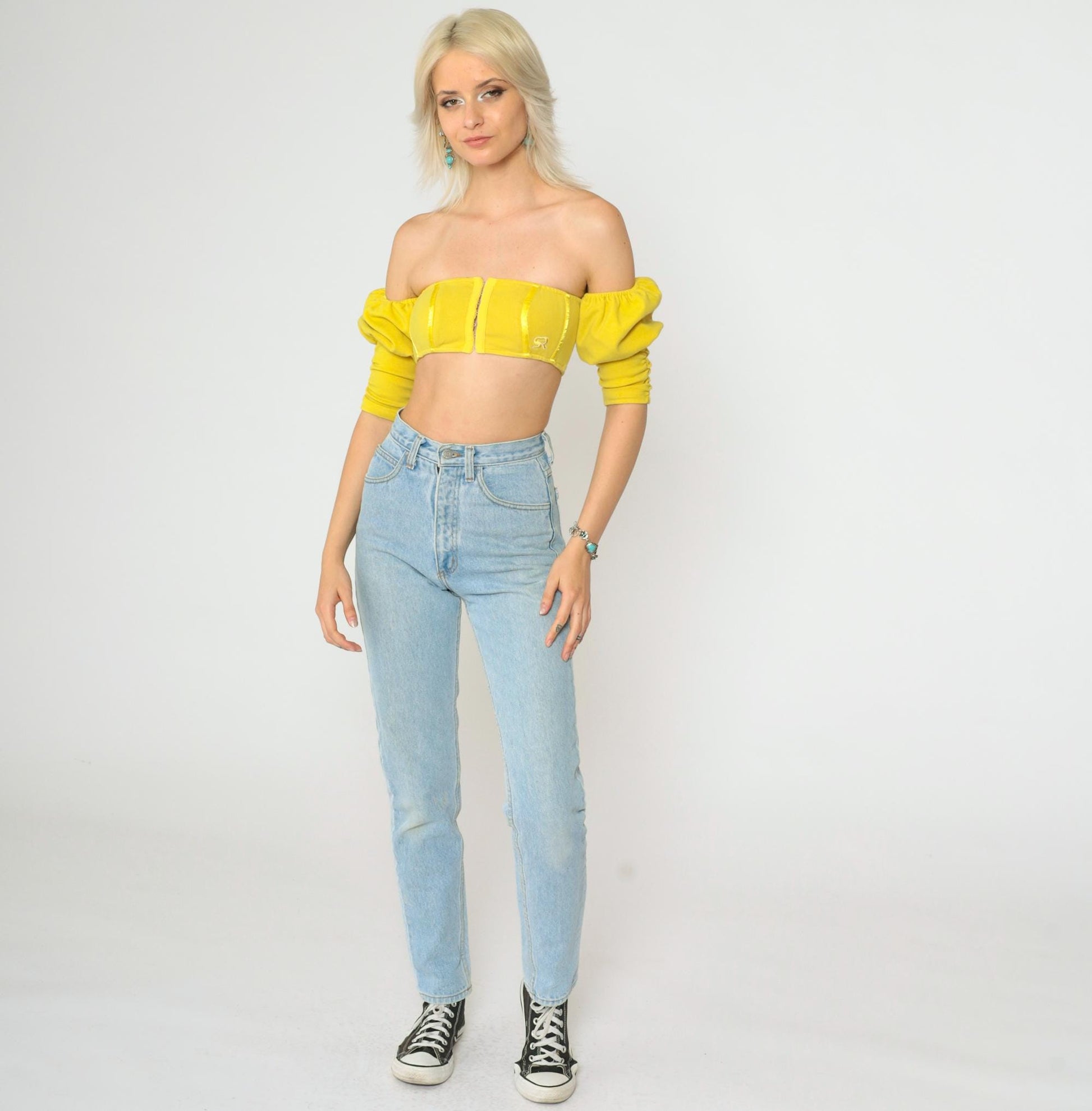 Y2K Yellow Off-Shoulder Crop Top Puff Sleeve Hook Front Extra Small