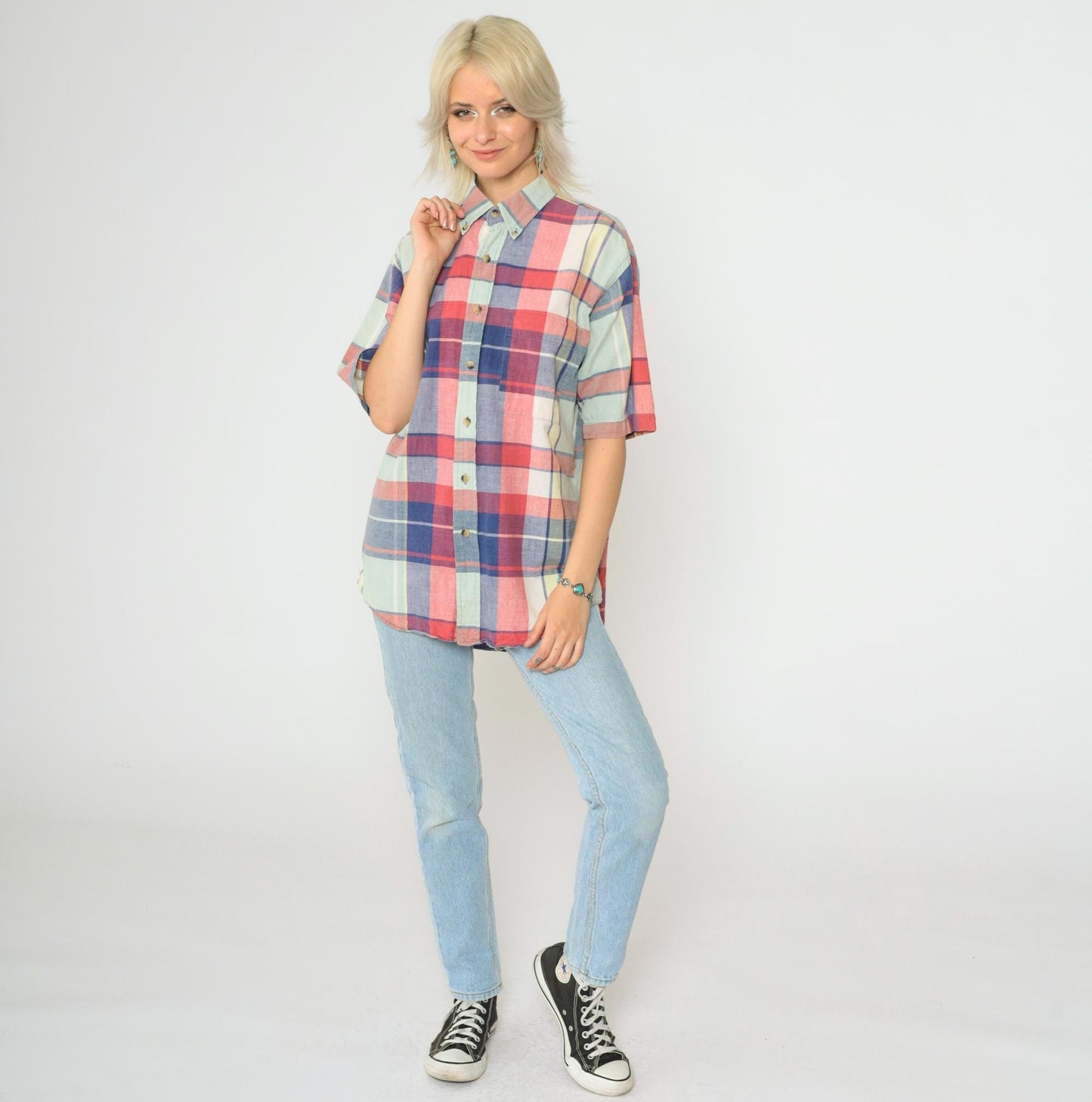 90s Lands End Plaid Button Up Shirt Blue Red Check Short Sleeve Medium