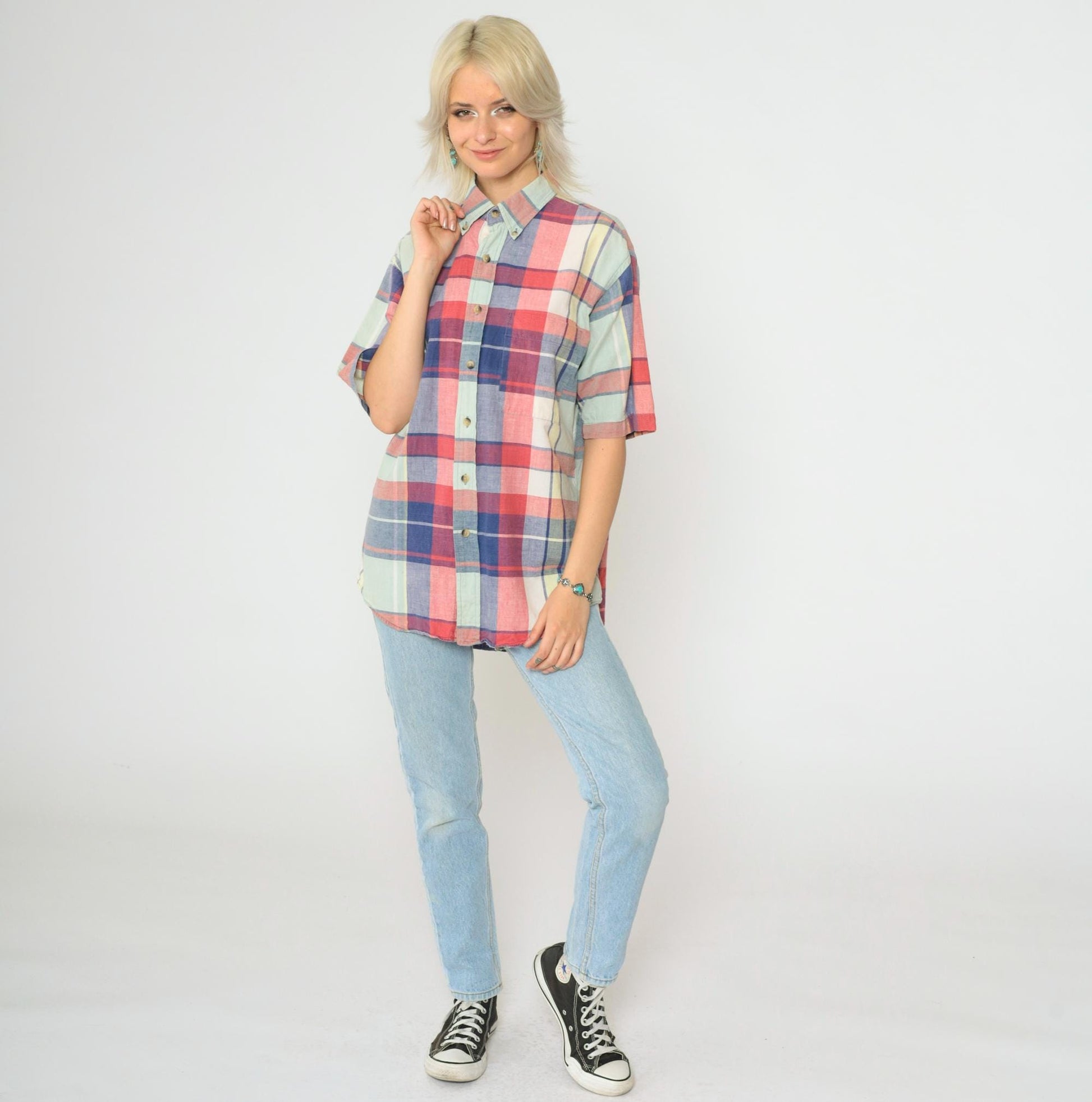 90s Lands End Plaid Button Up Shirt Blue Red Check Short Sleeve Medium