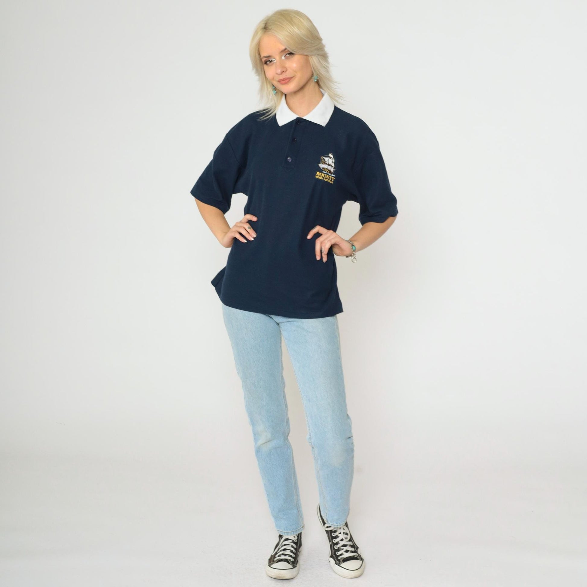 90s Bounty Cruises Sydney Polo Shirt Navy Blue Sailboat Graphic Medium