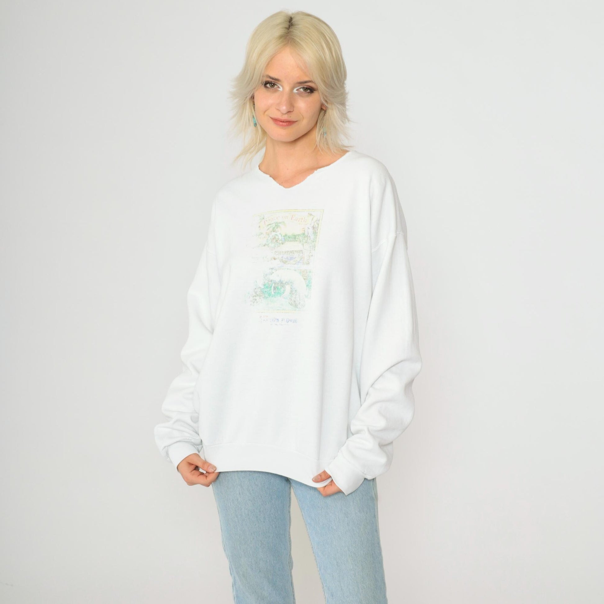 90s Peace on Earth Manatee Beach Christmas Sweatshirt White Cutoff Medium