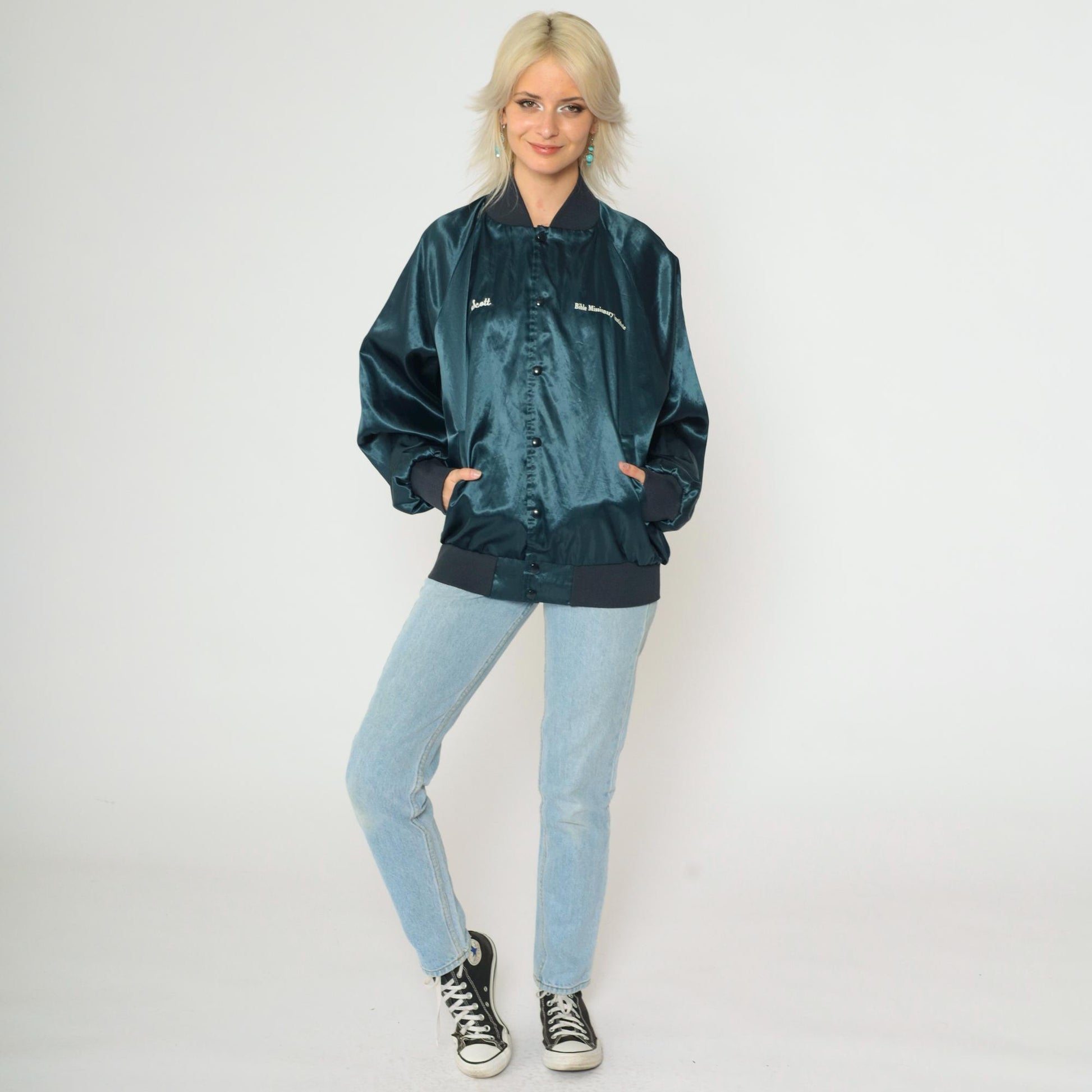 90s Bible Missionary Institute Satin Bomber Jacket Dark Blue Medium