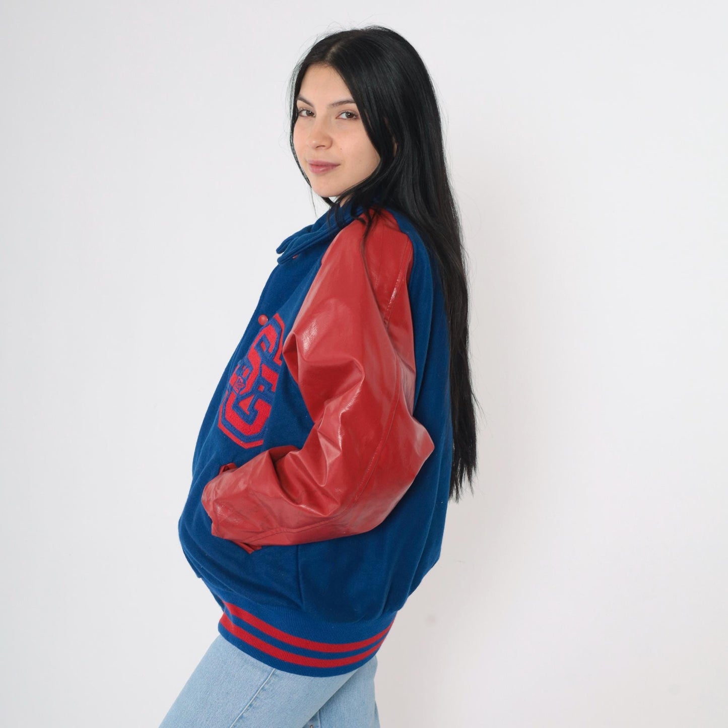 90s Varsity Jacket Blue Red Wool Melton Leather Sleeves SG Patch Men's Large L