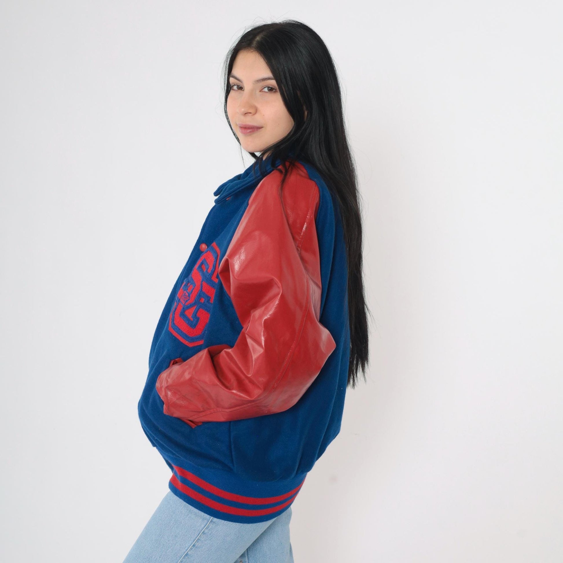 90s Varsity Jacket Blue Red Wool Melton Leather Sleeves SG Patch Men's Large L