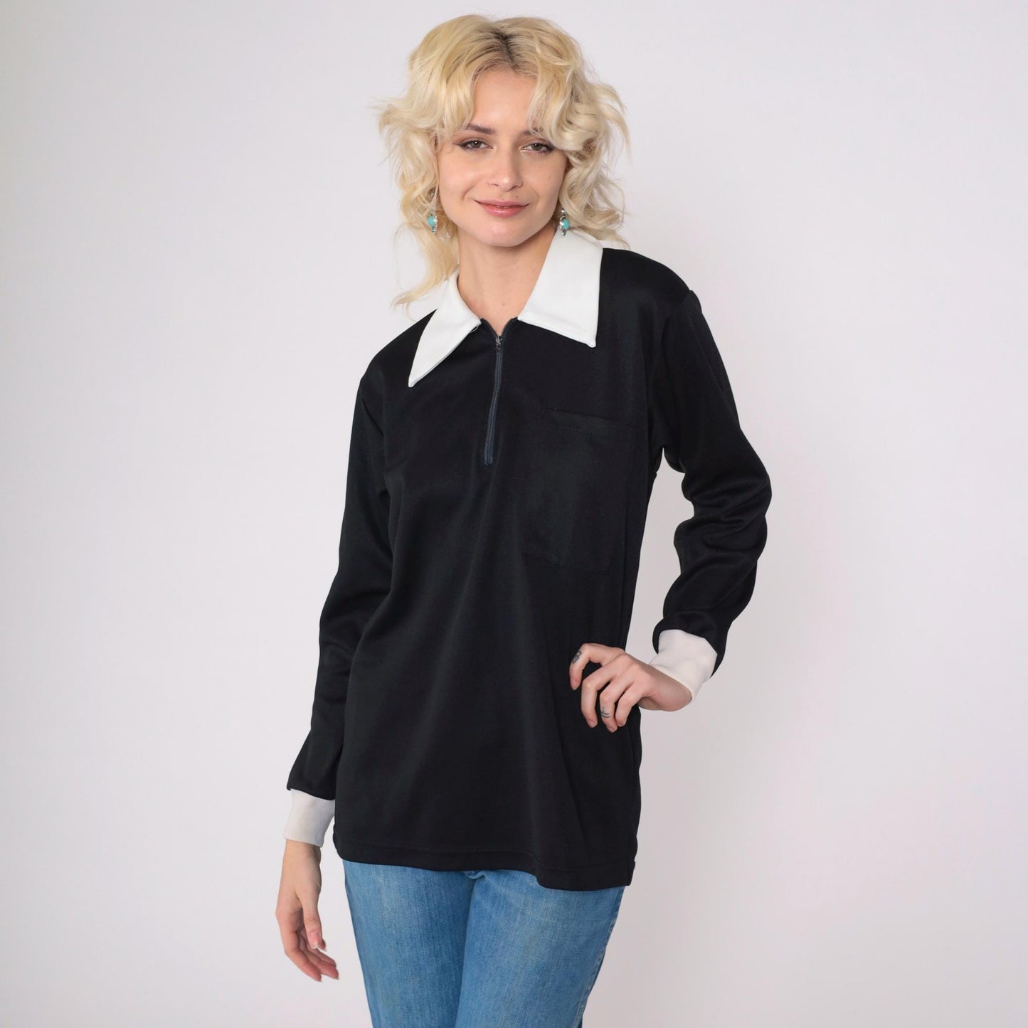 70s Black White Dagger Collar Zip Shirt Quarter Zipper Mod Top Medium