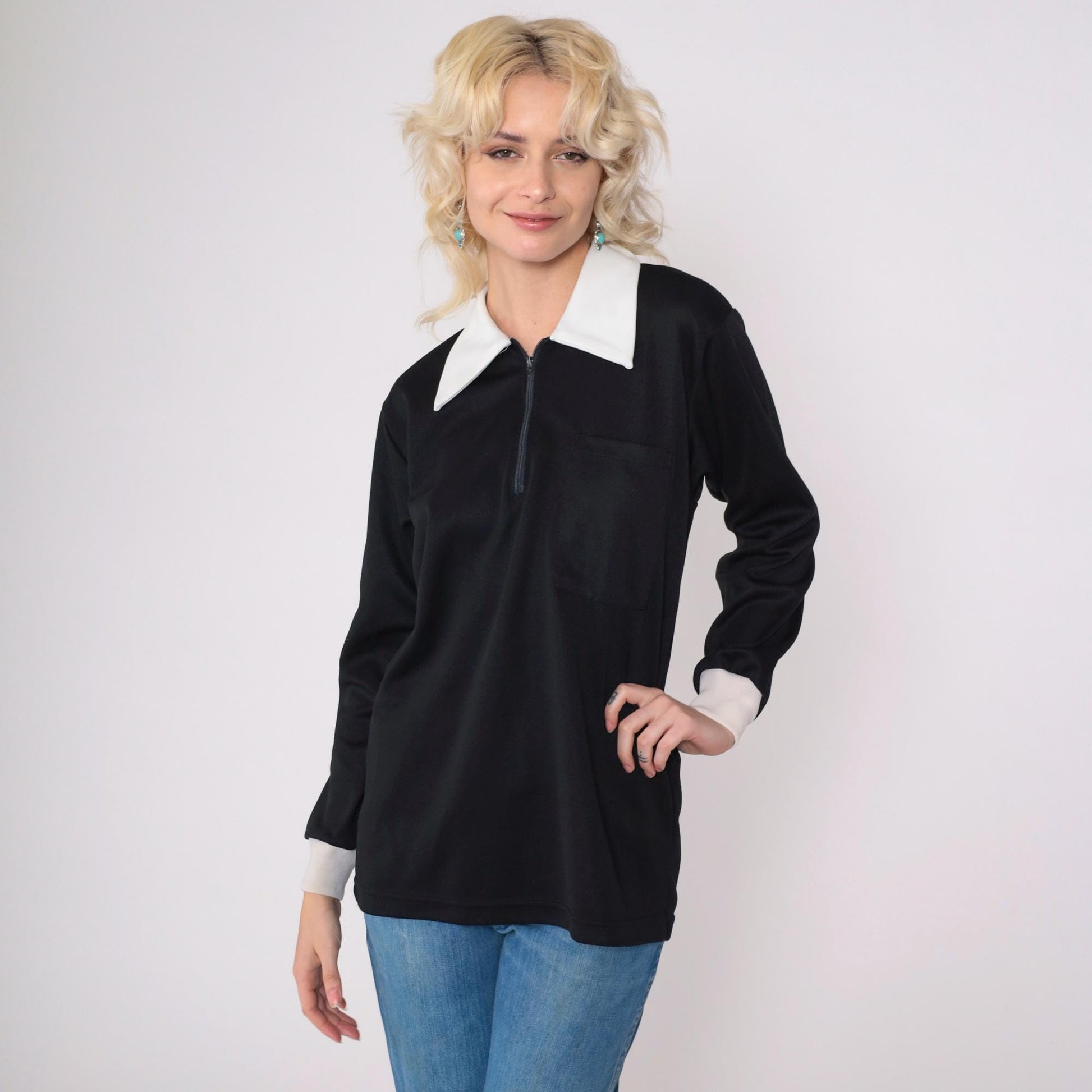 70s Black White Dagger Collar Zip Shirt Quarter Zipper Mod Top Medium