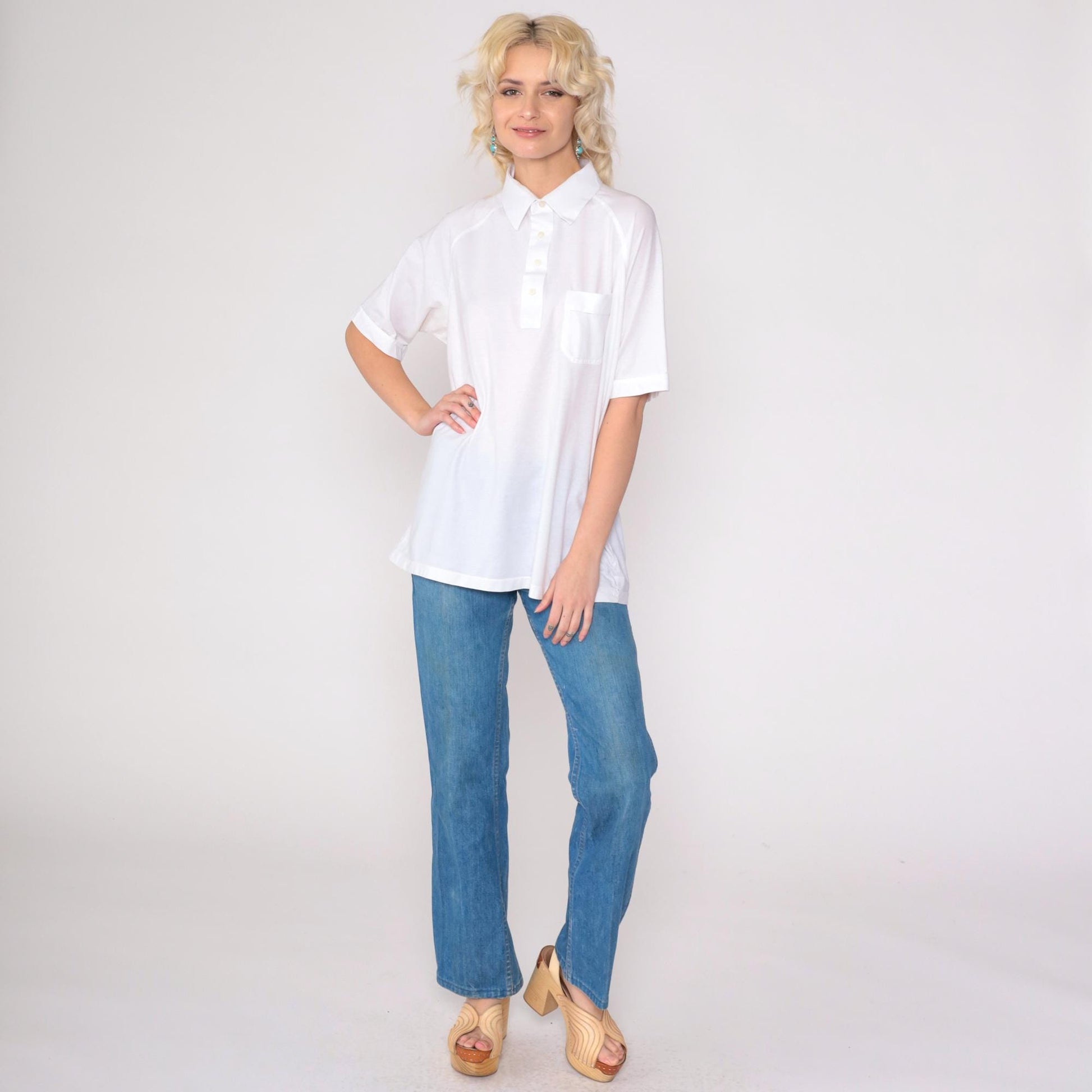 80s Tournament White Polo Shirt Raglan Sleeve Collared Large