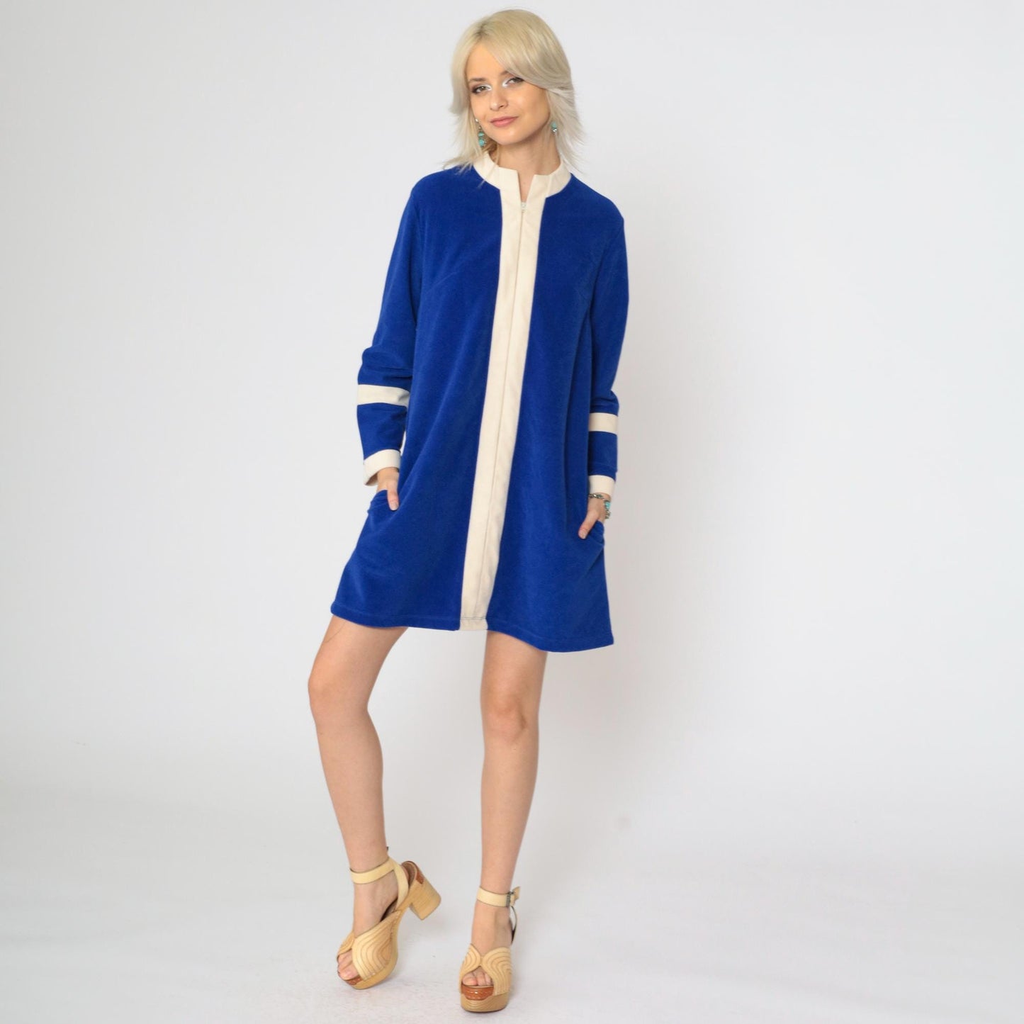 70s Vanity Fair Velour Robe Dress Royal Blue Stripe Mini Mandarin Collar Medium