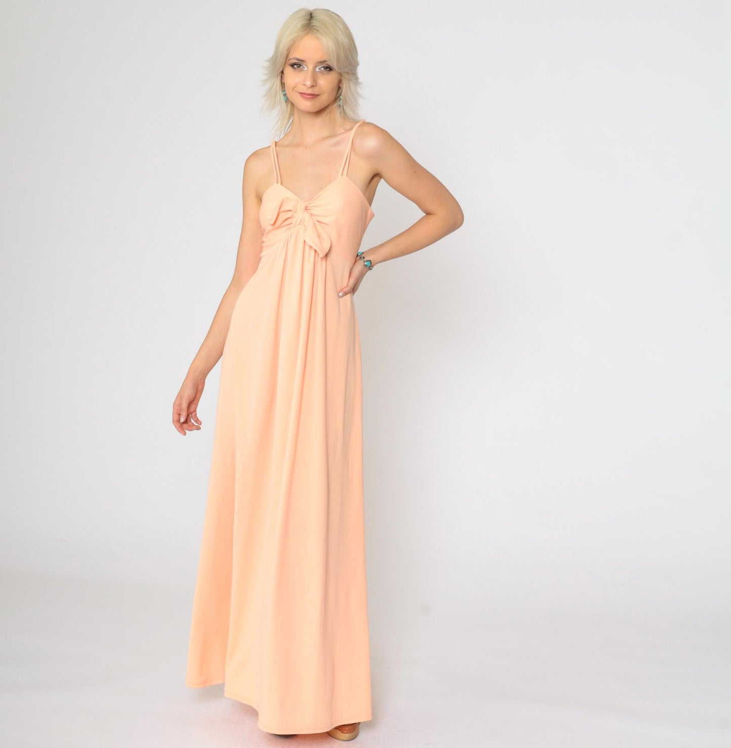 1970s Peach Grecian Maxi Dress Empire Waist Chest Tie Spaghetti Strap Small