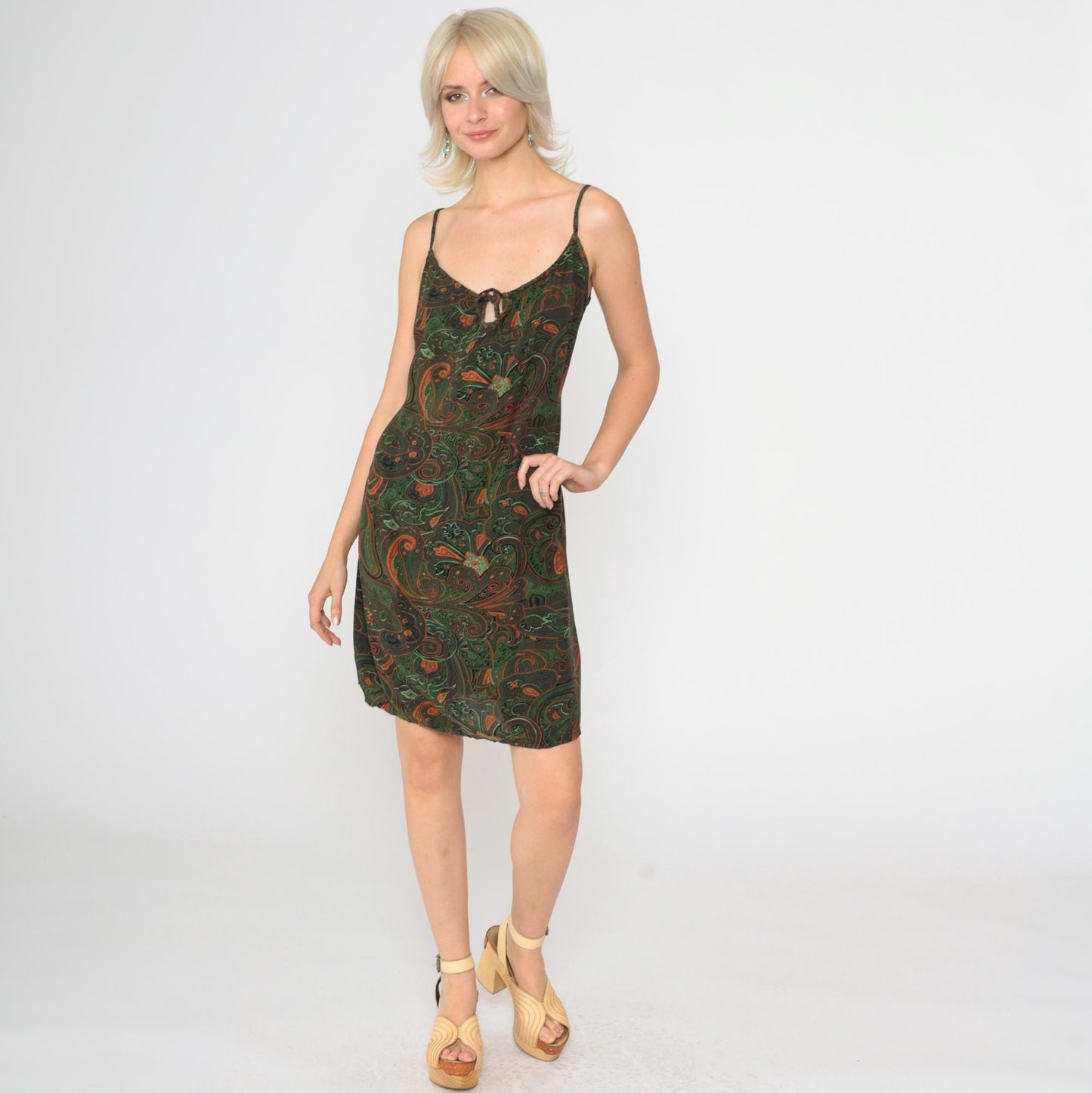 90s Paisley Print Mini Sundress Green Orange Spaghetti Strap Keyhole Medium