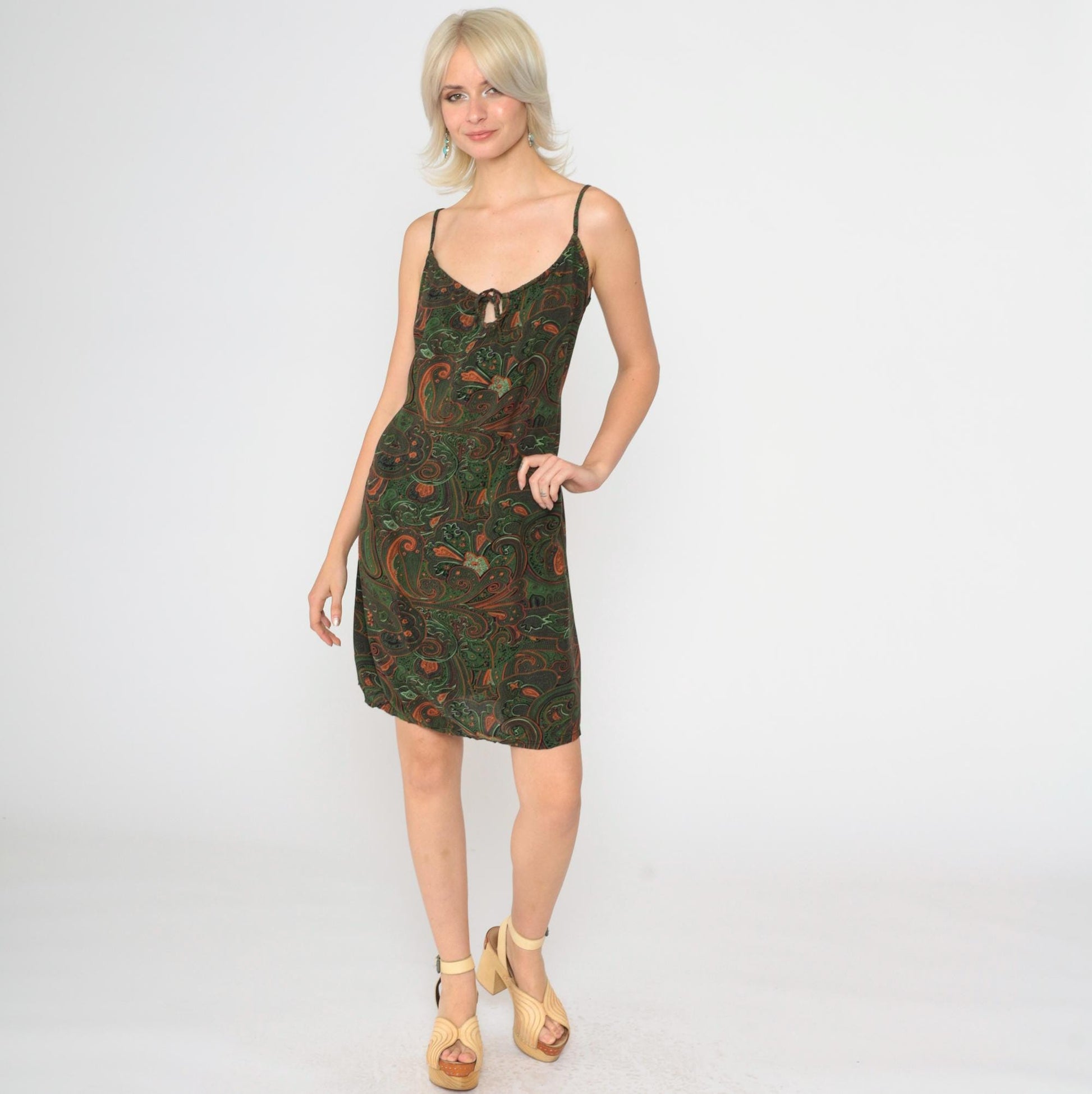 90s Paisley Print Mini Sundress Green Orange Spaghetti Strap Keyhole Medium