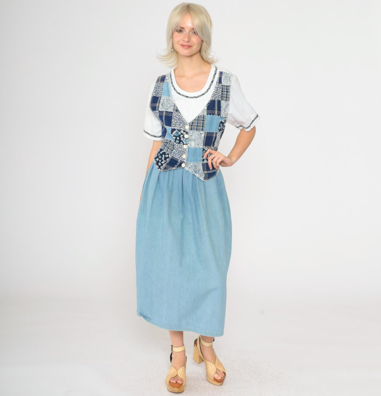 90s Patchwork Denim Midi Dress Floral Checkered Attached Vest Button Up Medium