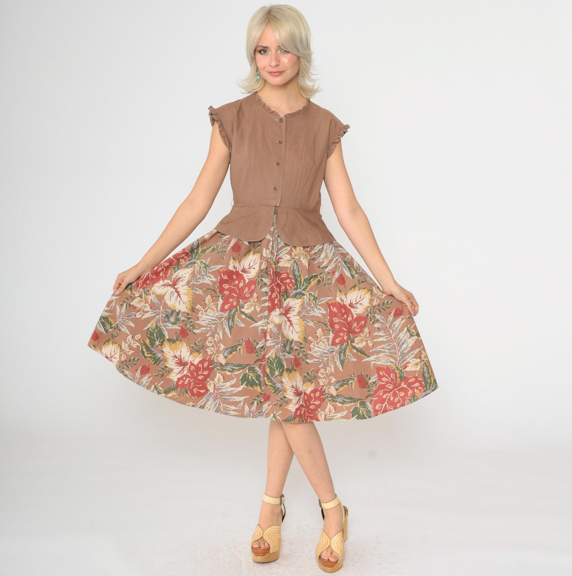 70s Floral Midi Dress Peplum Button-Up Cap Sleeve Red Green Beige Small