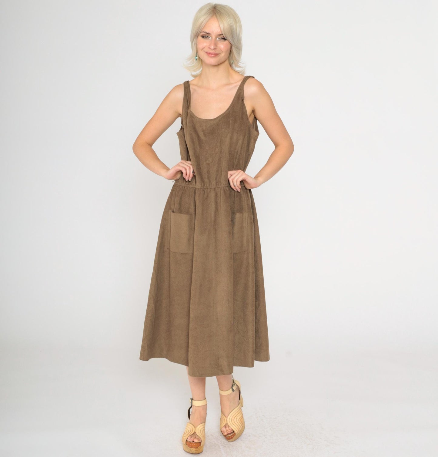 80s Brown Faux Suede Midi Dress Sleeveless Scoop Neck High Waist Medium Large