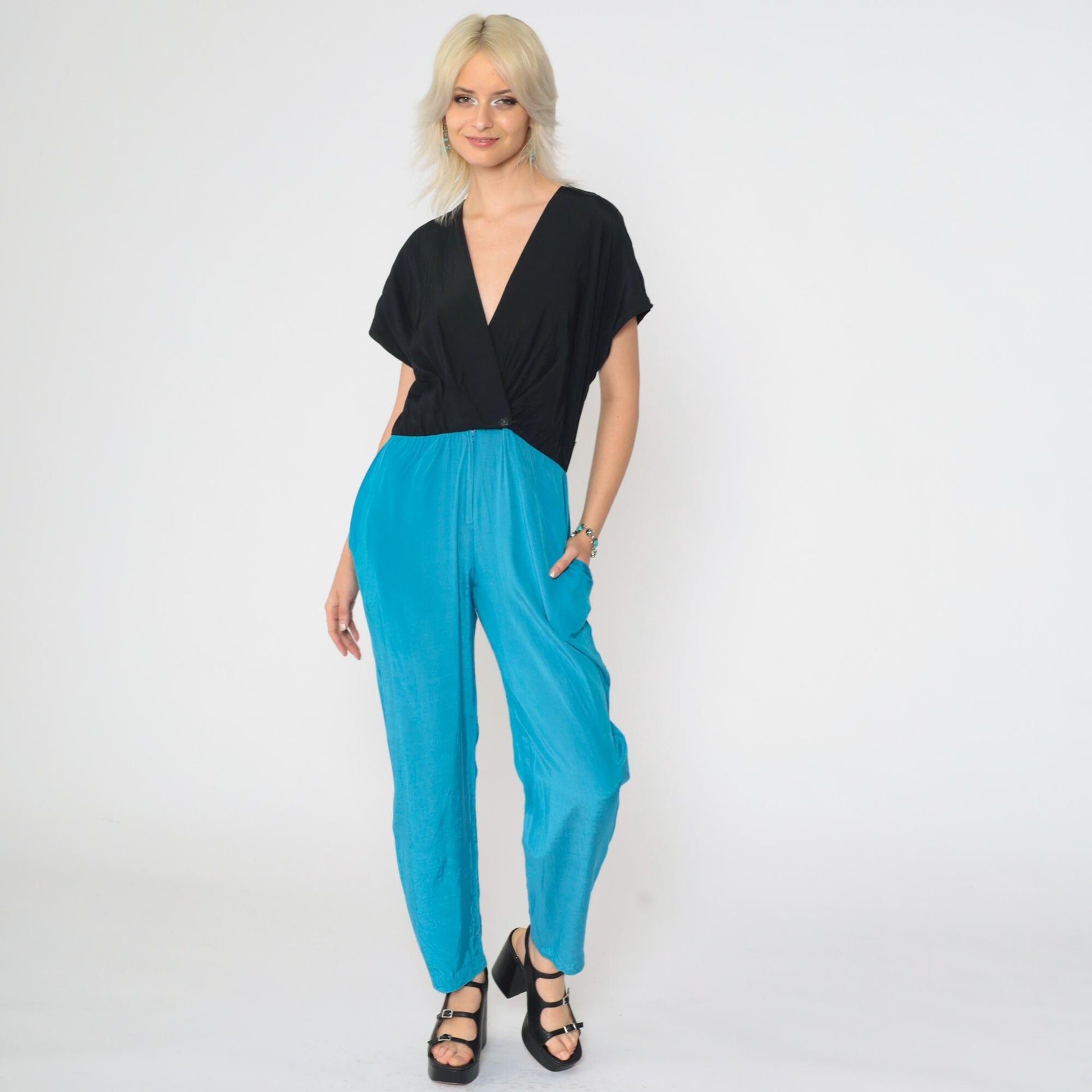 80s Colour Block Jumpsuit Black Blue Wrap V-Neck Tapered Small S