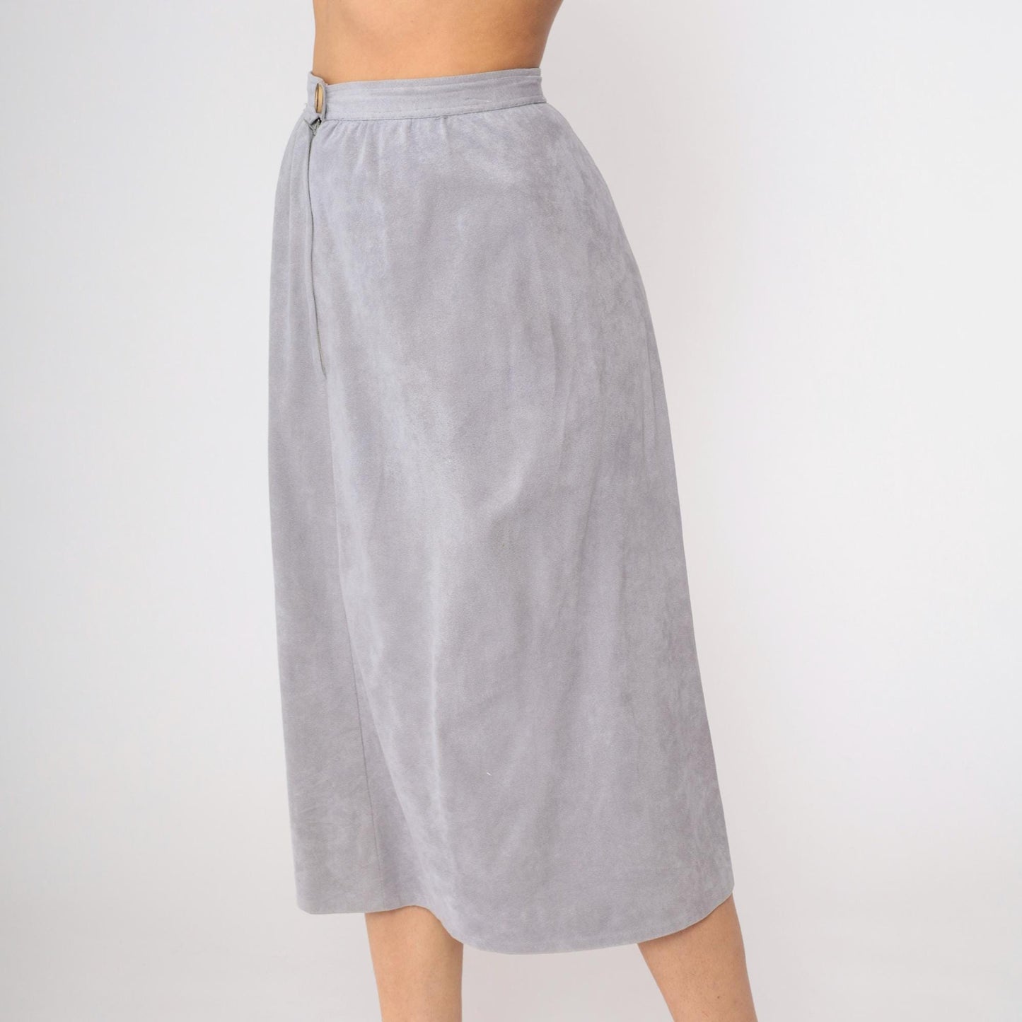 80s Grey Faux Suede Midi Pencil Skirt High Waist Small
