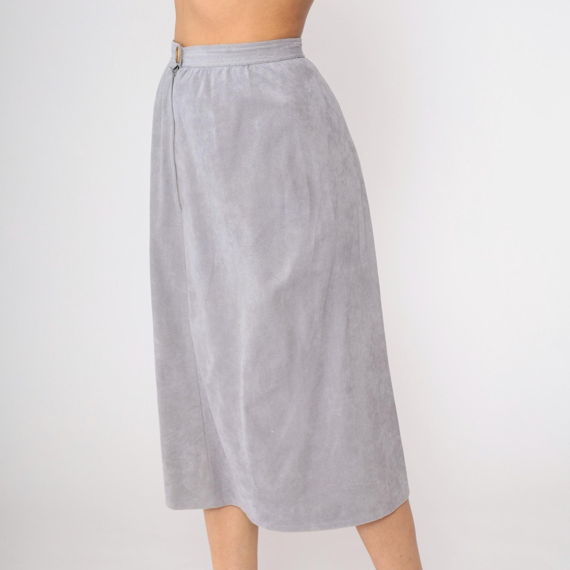 80s Grey Faux Suede Midi Pencil Skirt High Waist Small