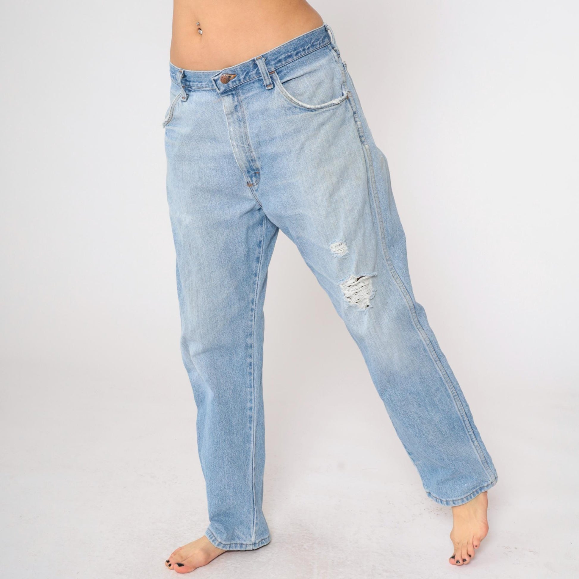 90s Rustler High Rise Straight Leg Jeans Blue Distressed Ripped 38x30