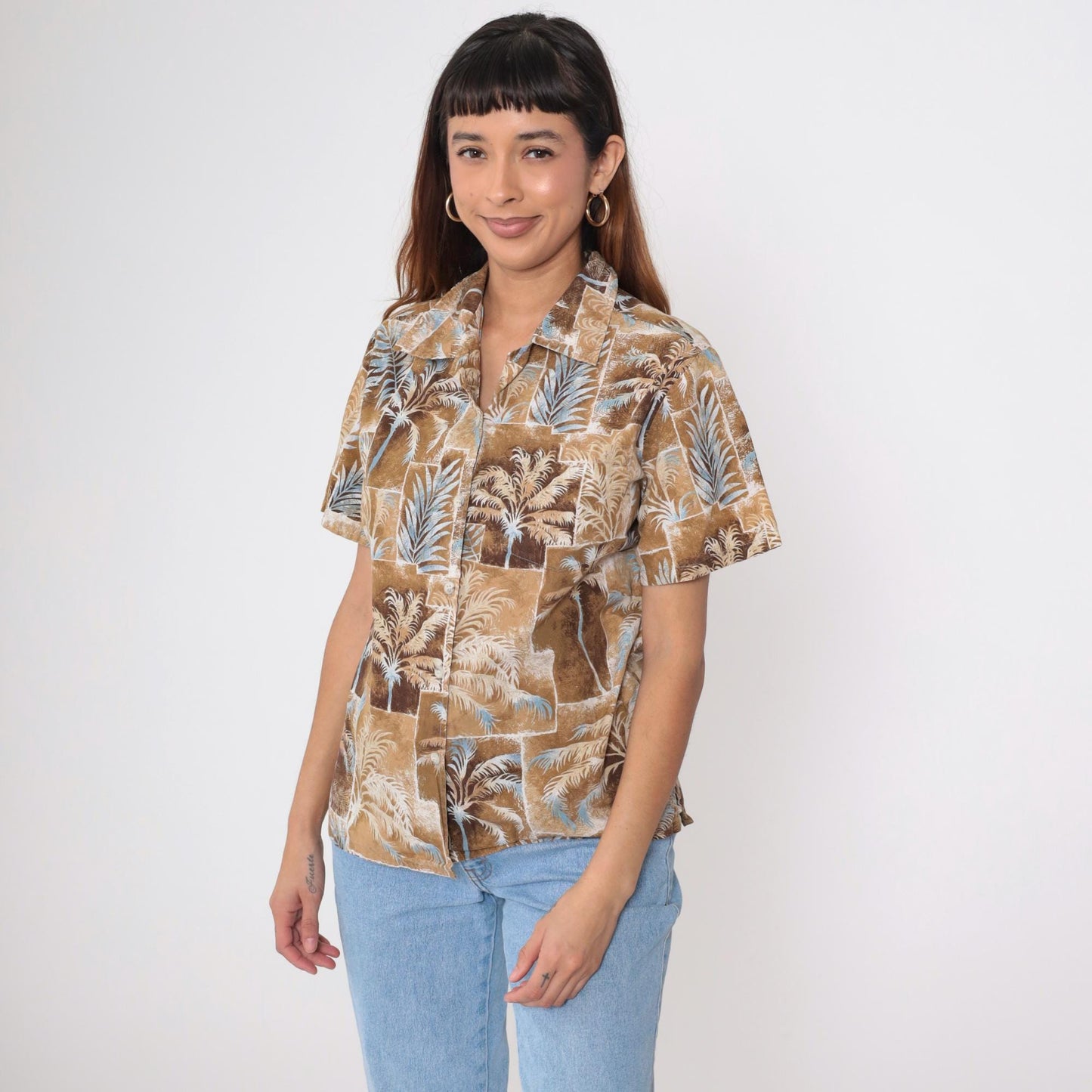 90s Hawaiian Shirt Brown Palm Tree Print Cotton Button Up Medium
