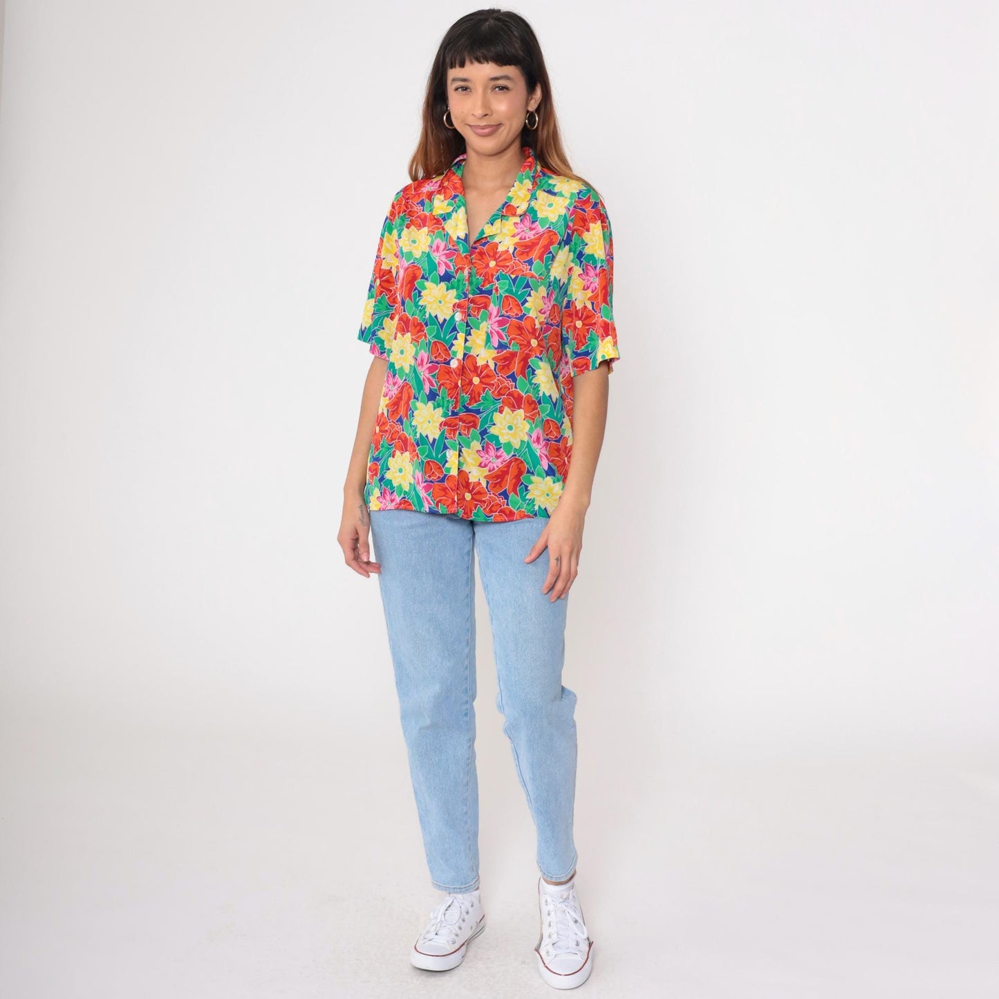 90s Floral Button-Up Blouse Multicolor Flower Print Short Sleeve Medium