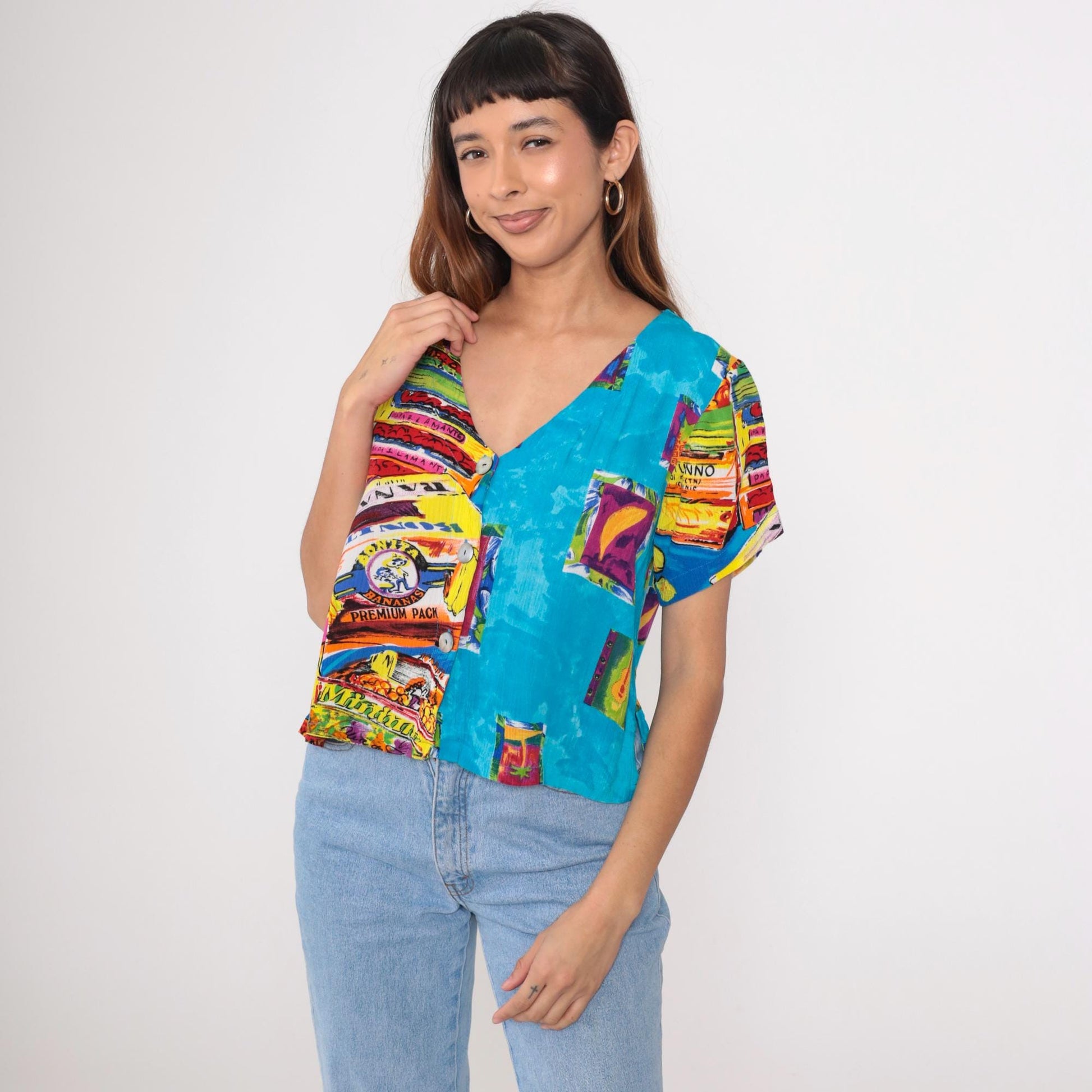 90s Key Lime Pie Tropical Fruit Guitar Print Rayon Button-Up Blouse Medium