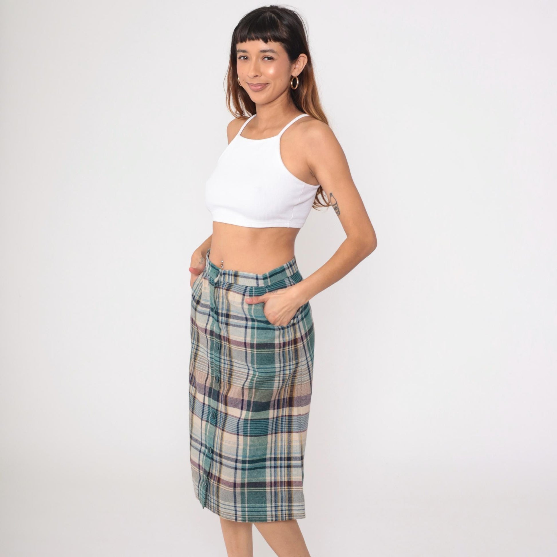 70s Hunter Sportswear Plaid Midi Skirt High Waist A-Line Button Front Teal Beige Medium