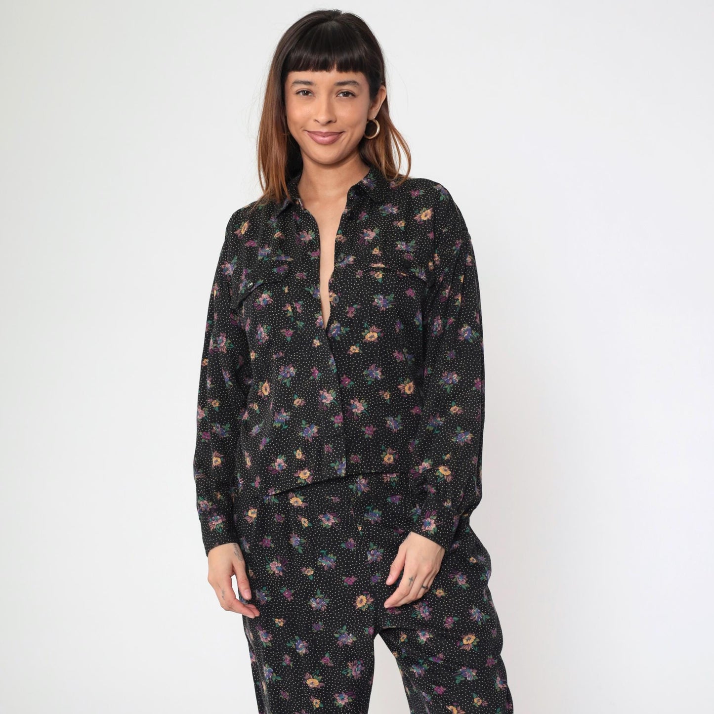 90s Liz Claiborne Floral Polka Dot Two Piece Set Black Button Up Blouse Tapered Pants Medium