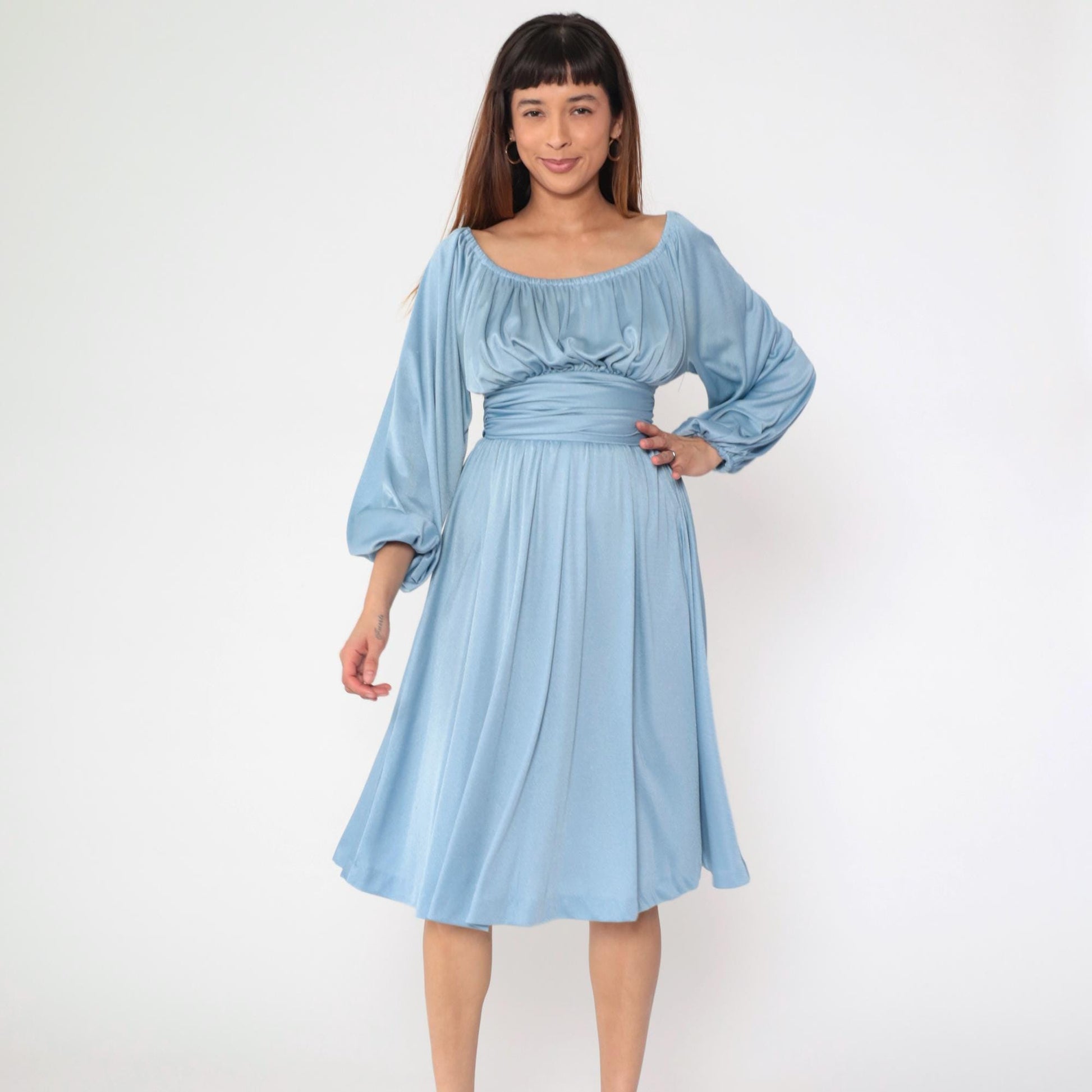 70s Blue Peasant Midi Dress Empire Waist Long Sleeve Off-Shoulder Extra Small