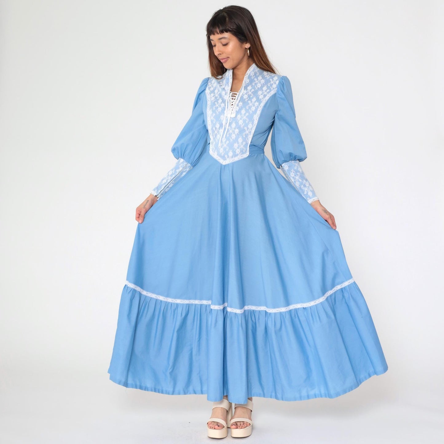 70s Blue Prairie Maxi Dress Lace Bib Puff Sleeve Lace-Up Small