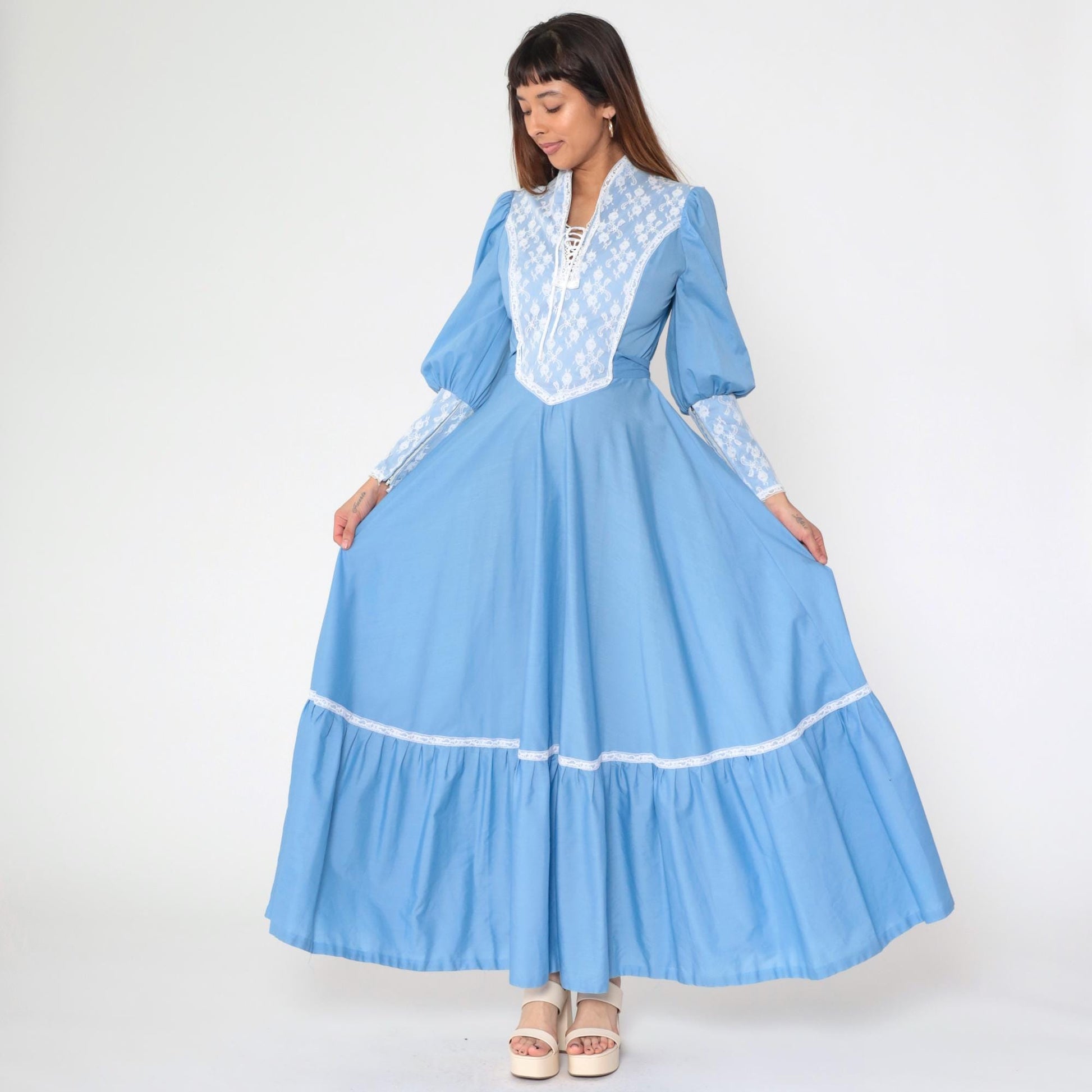 70s Blue Prairie Maxi Dress Lace Bib Puff Sleeve Lace-Up Small